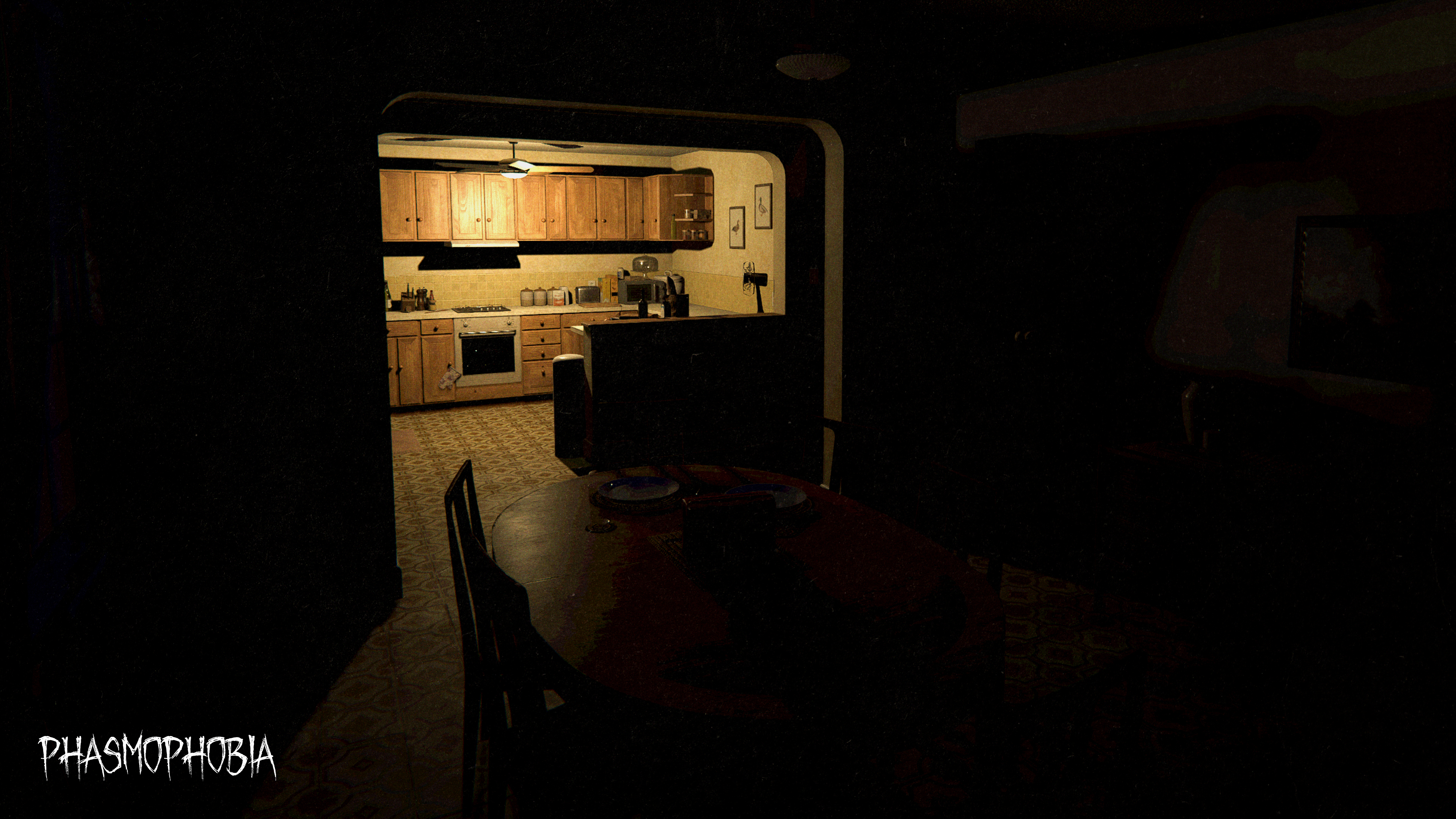 Phasmophobia map 6 Tanglewood Drive kitchen - A dimly lit cooking area with wooden fixtures, half kitchen island, seemingly taken from dining room perspective