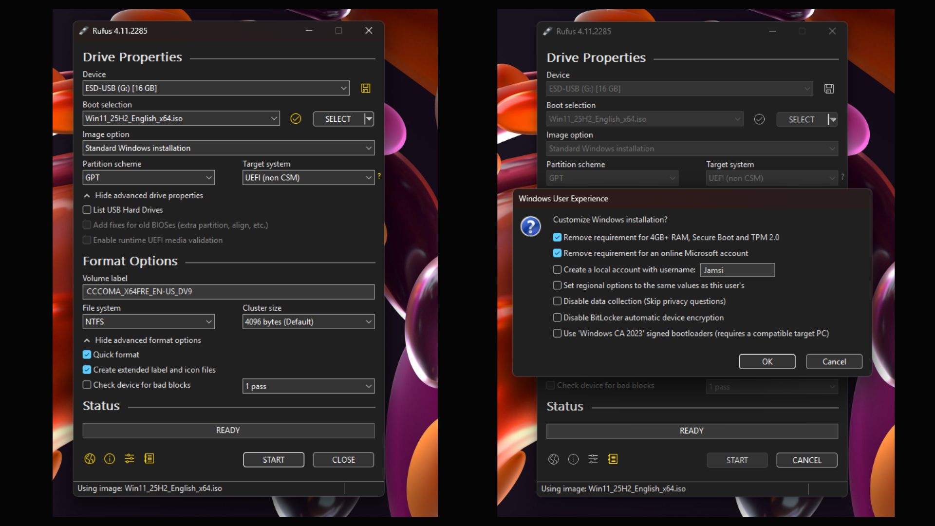 Image from Rufus with a Windows 11 boot drive being created