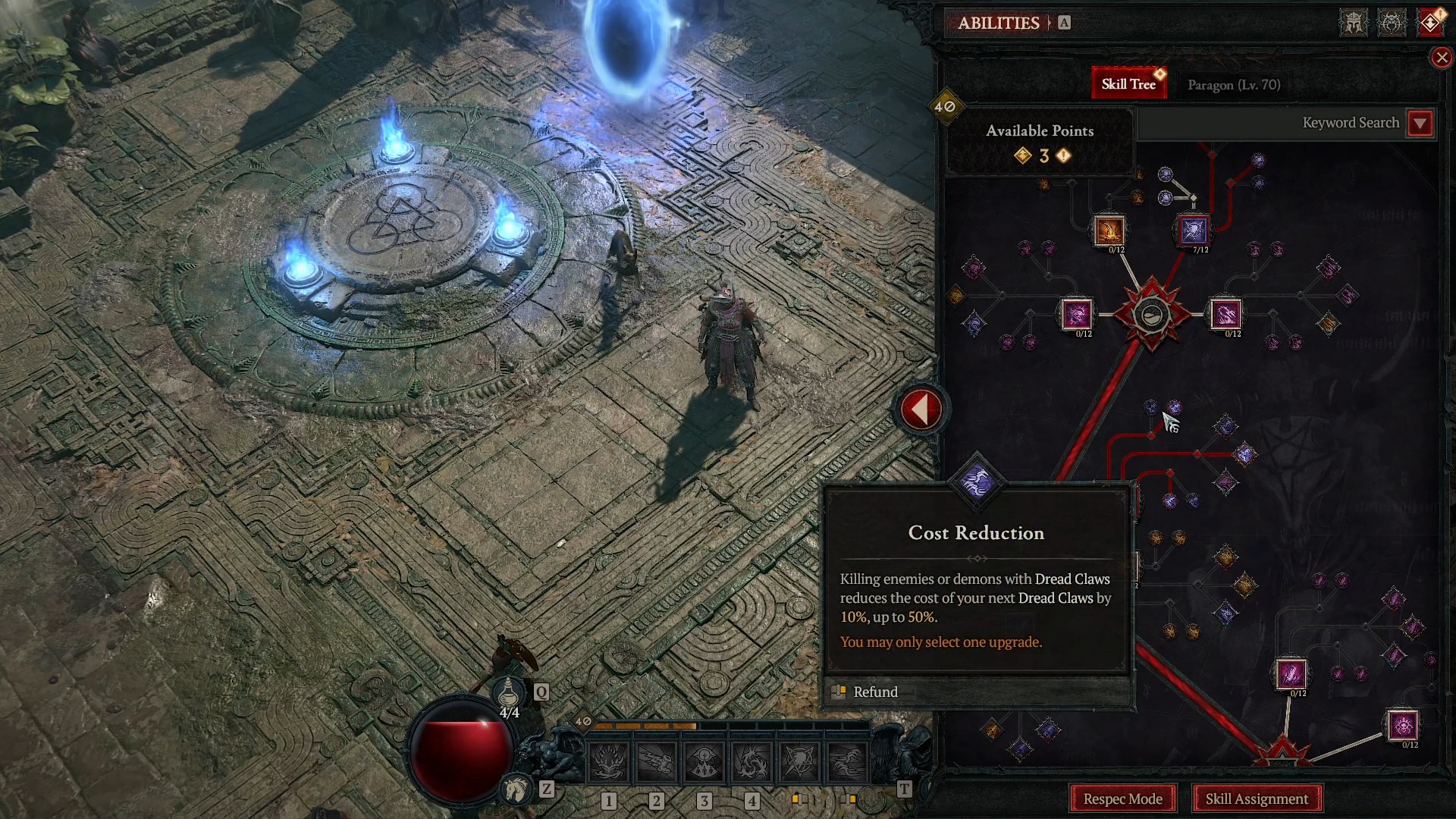 A screenshot of the warlock skill tree in Diablo 4: Lord of Hatred. A window with several skills and upgrade nodes is on the right side of the screen. A tooltip for Cost Reduction can be seen that says it reduces the cost of the skill Dread Claws when you kill enemies.