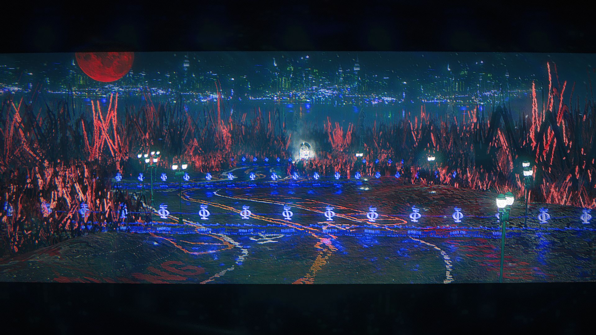 A curvy stretch of road split by a trio of glowing blue energy barriers while blood-red plants overtake its margins. In the distance, a crimson moon hangs over a city skyline.