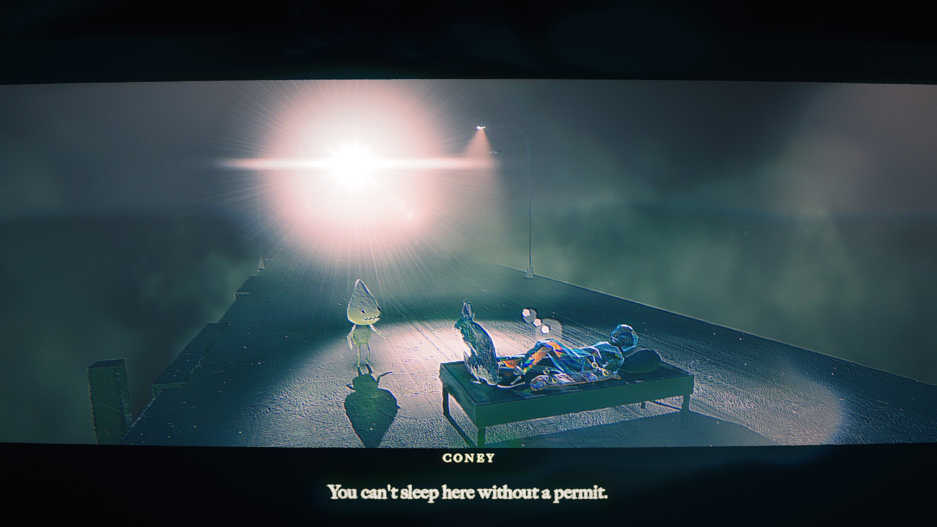 A glass skater lying on a bed placed on a stretch of roadway floading in a foggy void is told by a cone-headed sprite that they can't sleep here without a permit.