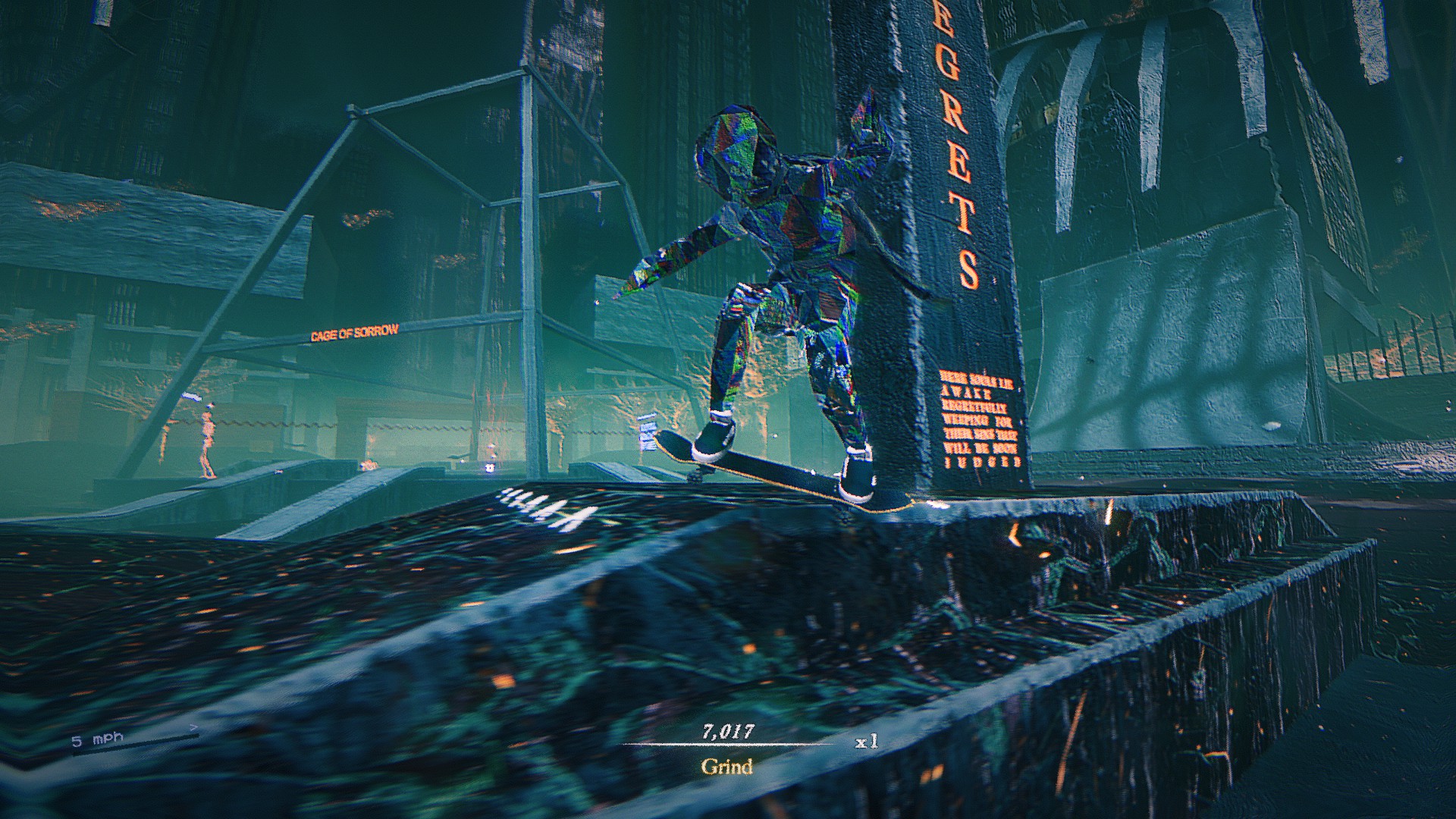 A glass-skinned skater grinds a stone ledge next to a large obelisk labelled 