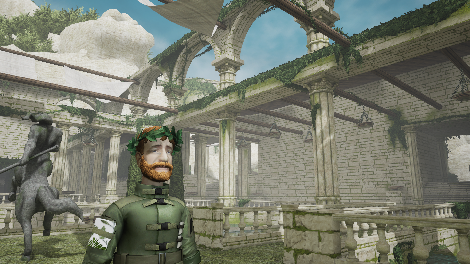A scientist wearing a botanist's outfit explores an ancient stone temple in Abiotic Factor's first DLC.