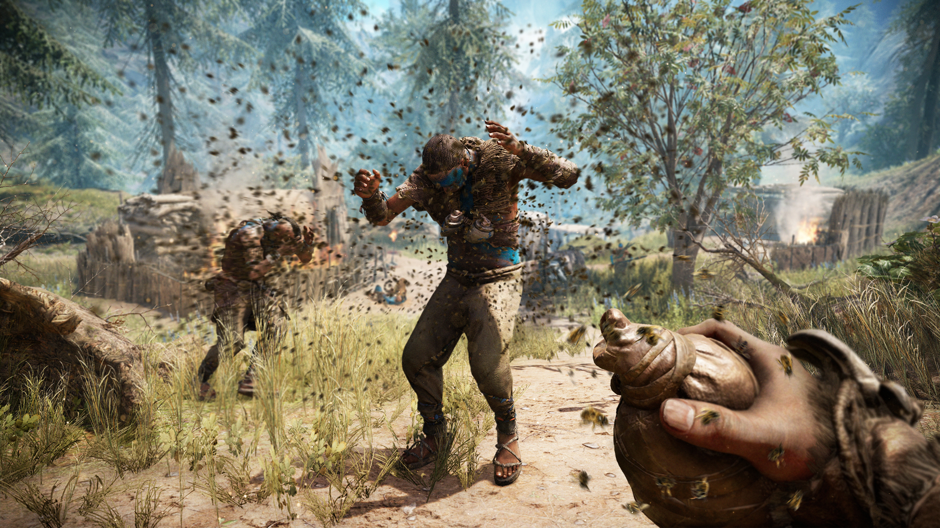 An enemy being attacked by bees in Far Cry Primal