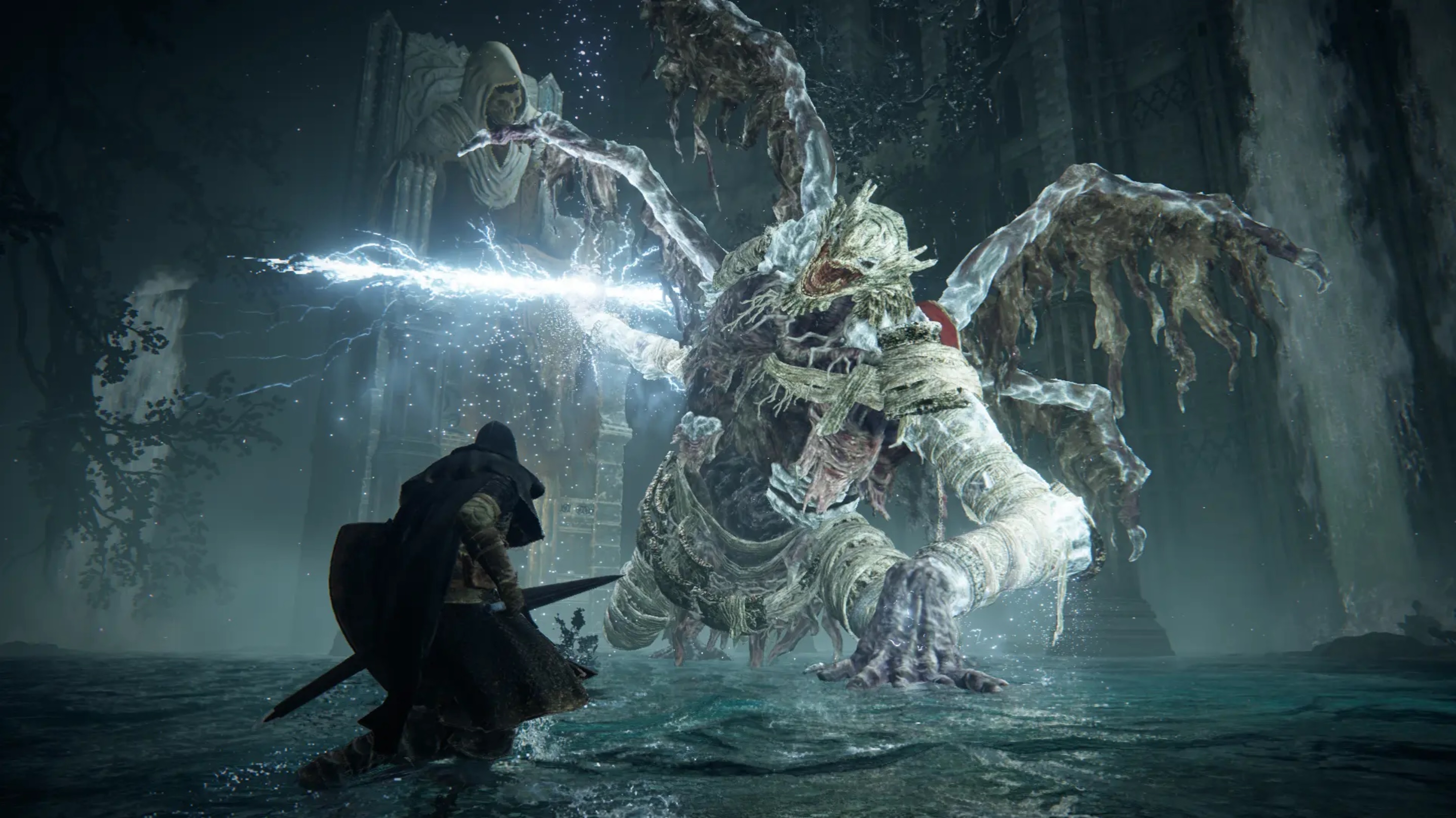 The player fighting the Dragonkin soldier in Elden Ring