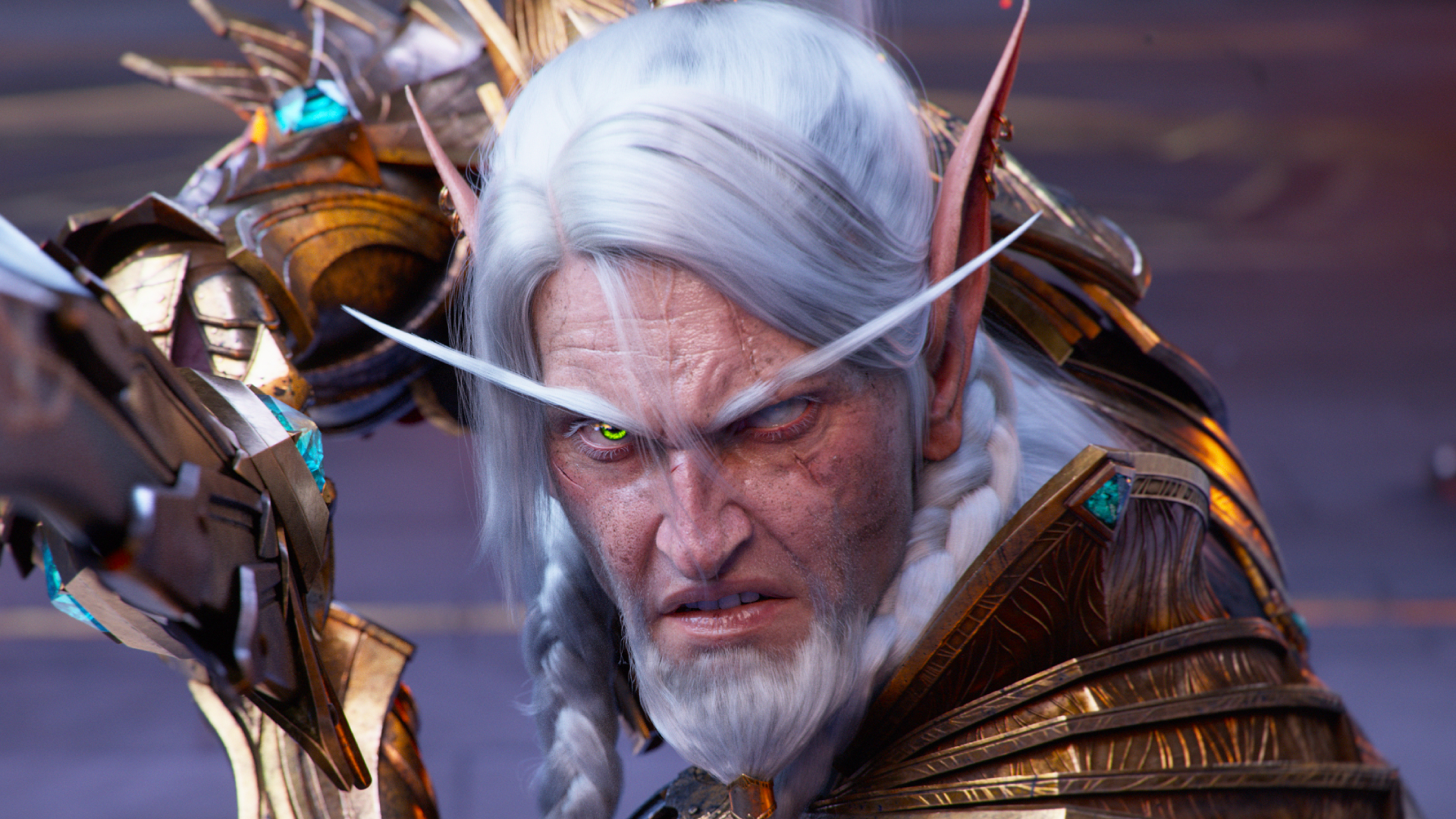 A screencap of the announcement trailer for World of Warcraft: Midnight. A grey-haired elven warrior readies his sword while looking at the viewer. He's wearing golden plated armor. His long eyebrows are slanted as he looks forward with a stoic determination.