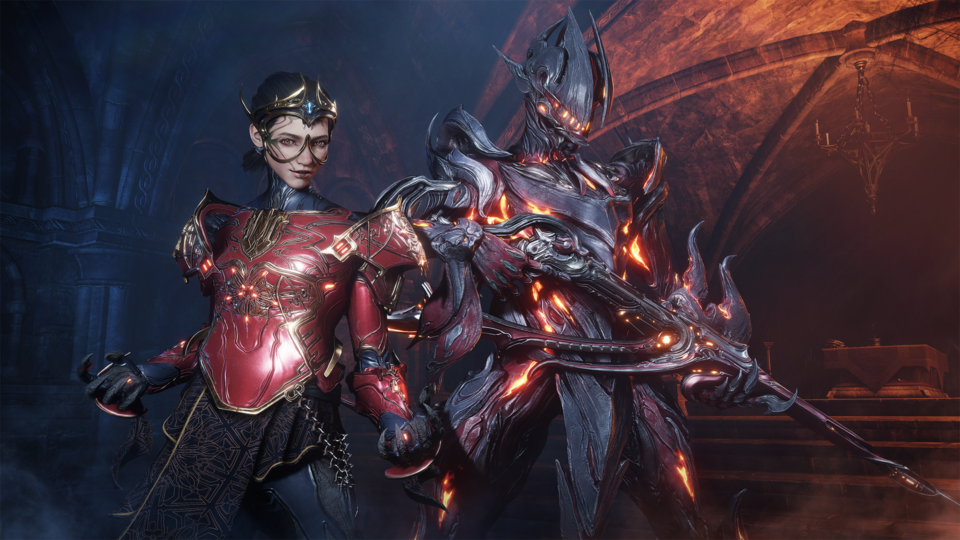 An operator wearing Uriel-themed armor stands next to the Uriel warframe itself.