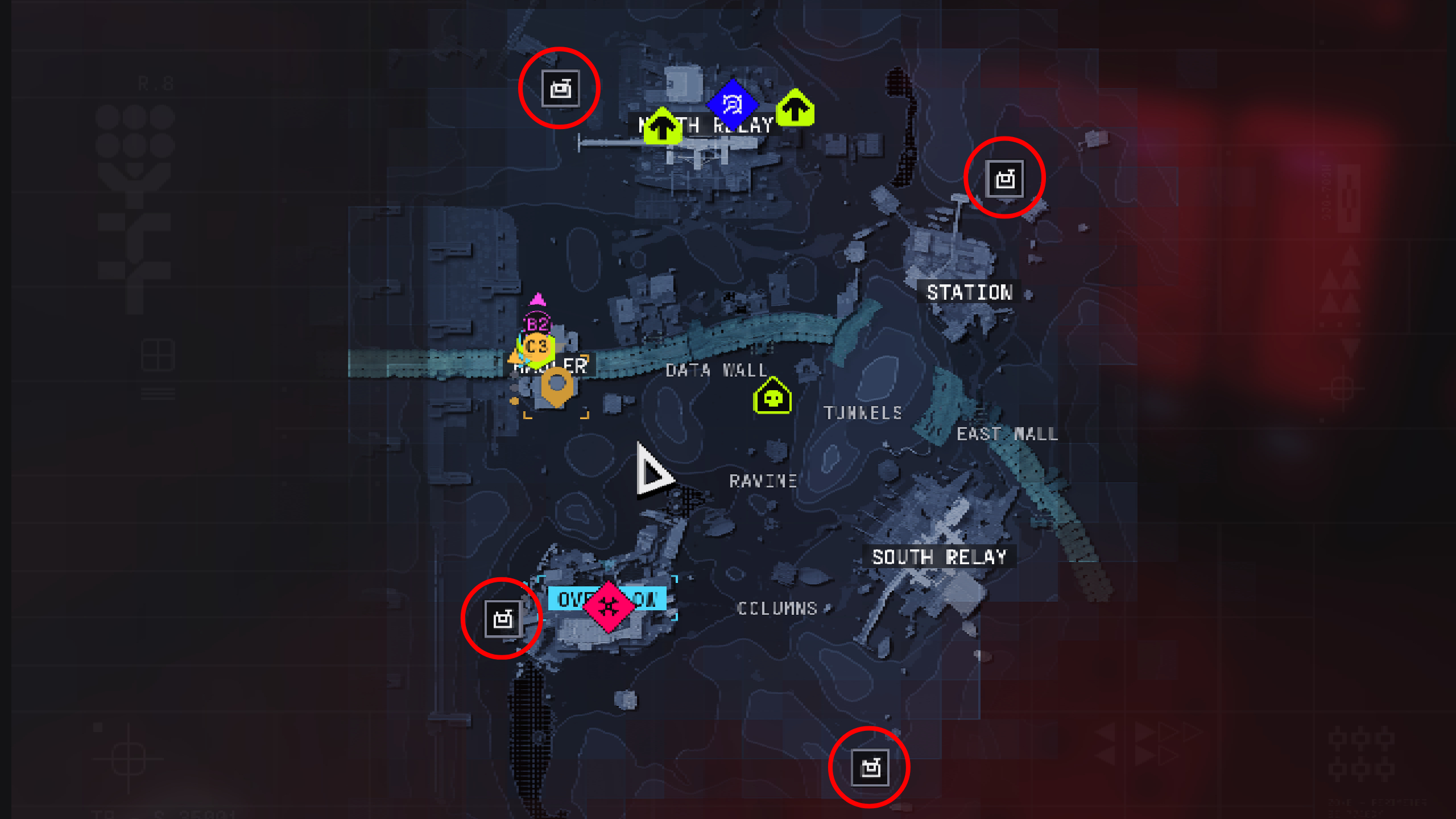 Marathon DCON: A map with four red circles marking the locations of DCON terminals on the Perimeter map.