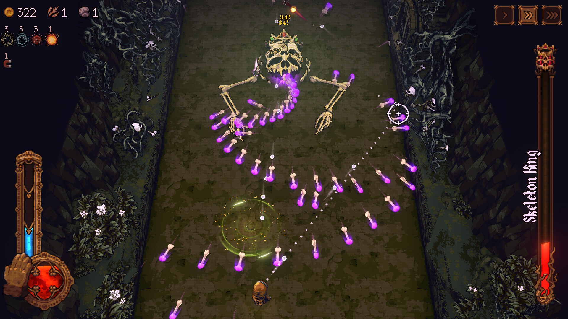 A boss fight against a giant skeleton in Ball X Pit.