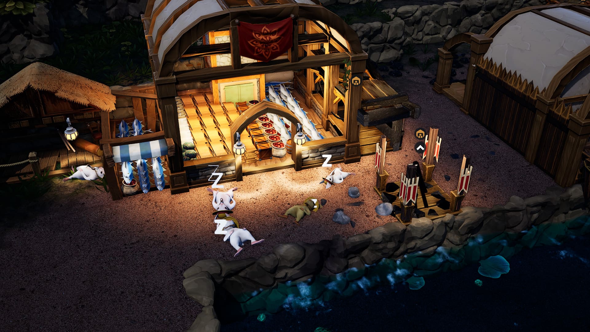 Whiskerwood mice sleeping outside on the ground near a burnt out campfire.