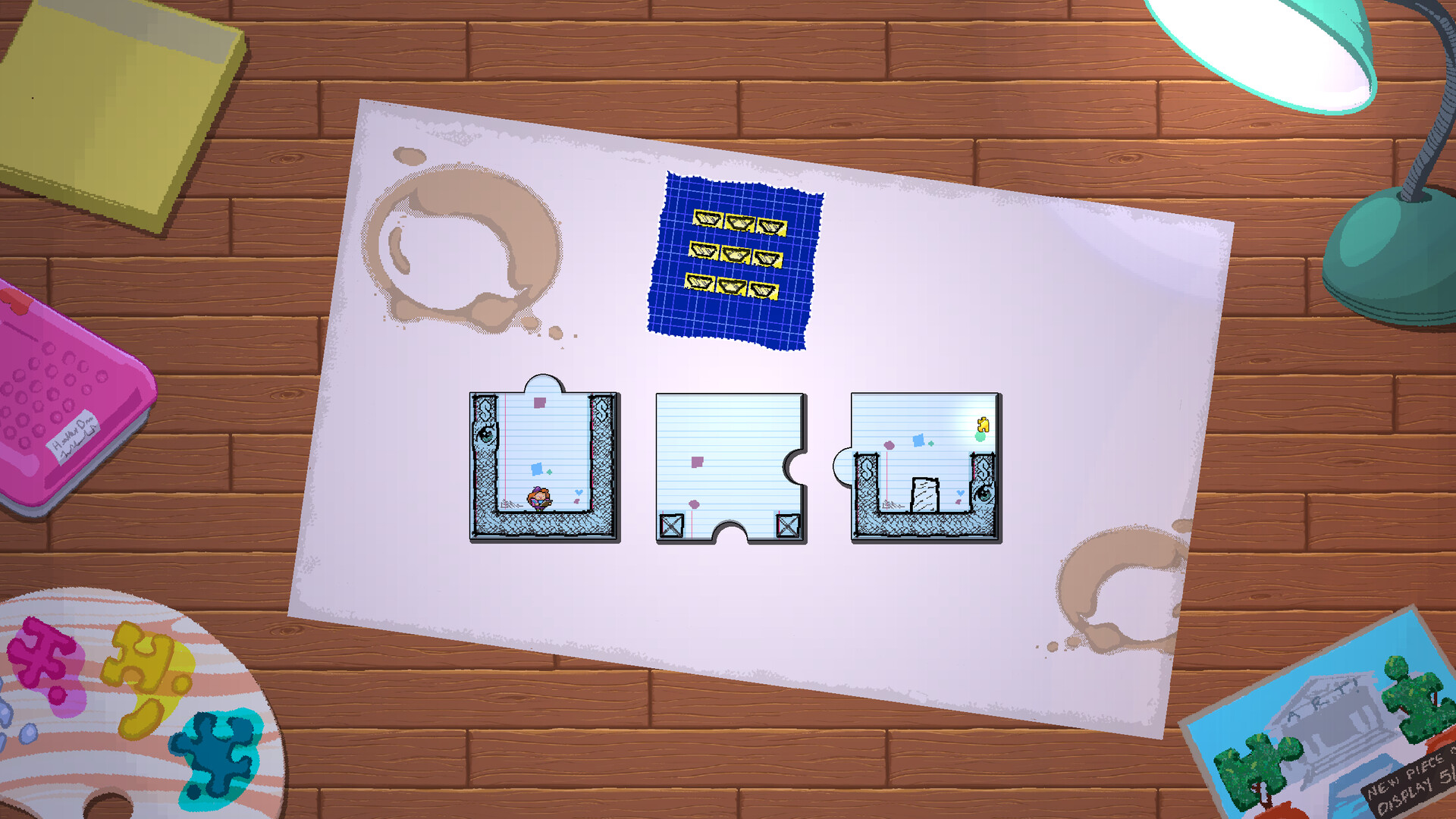 Puzzle pieces on a table.