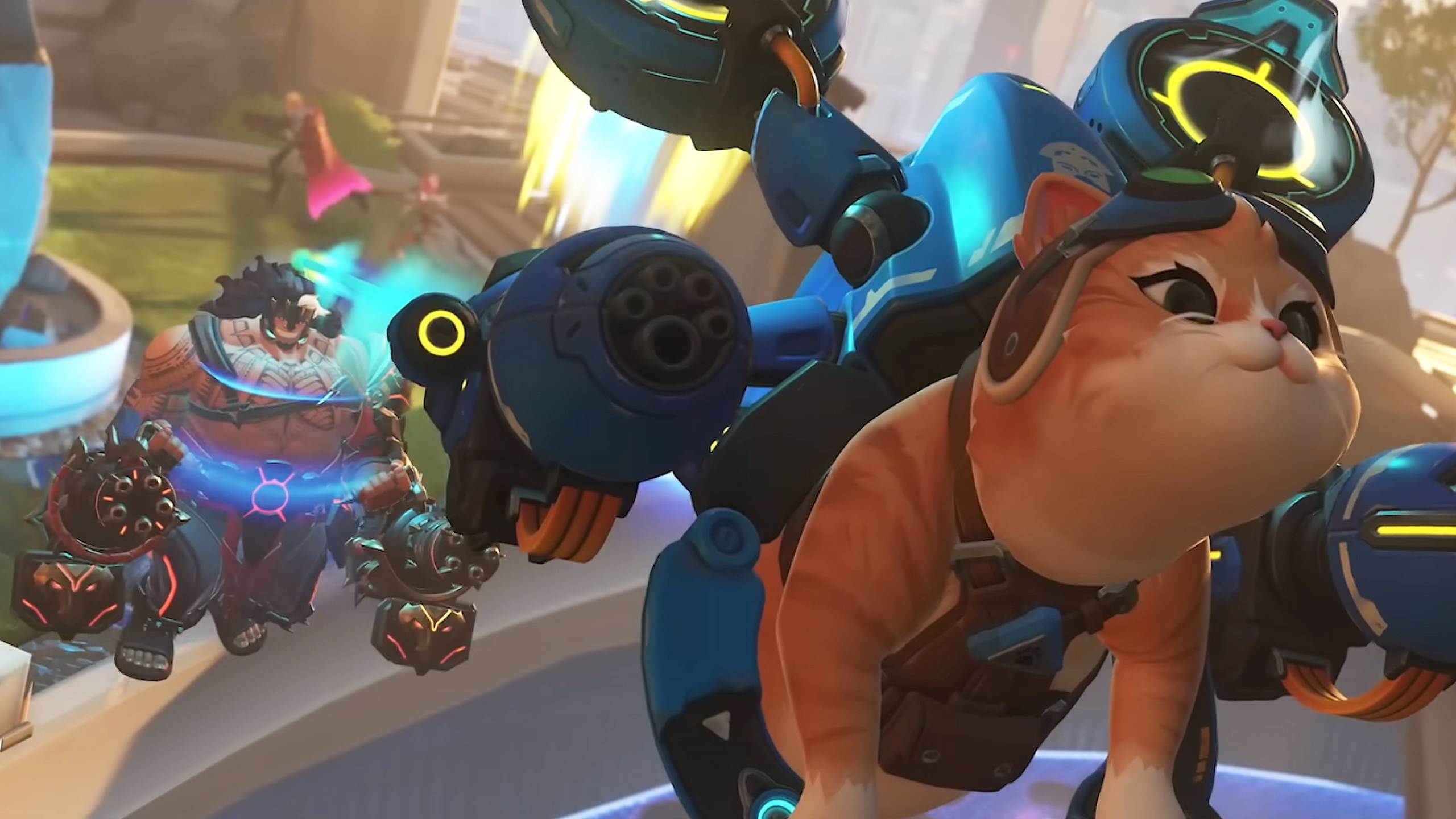 Overwatch tier list: Jetpack Cat flying towards the camera while carrying a Mauga.