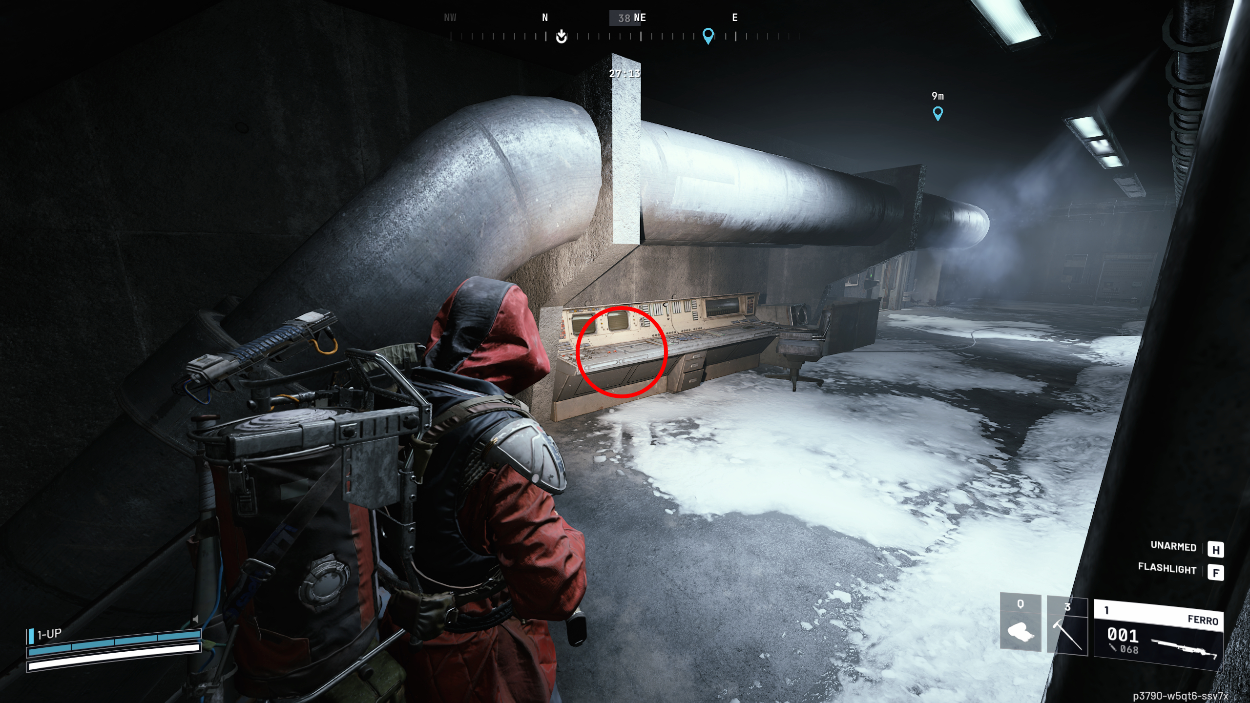 Arc Raiders Last Entry: A player looking at a long computer desk in a hallway near the Seed Vault, with a red circle highlighting the object.
