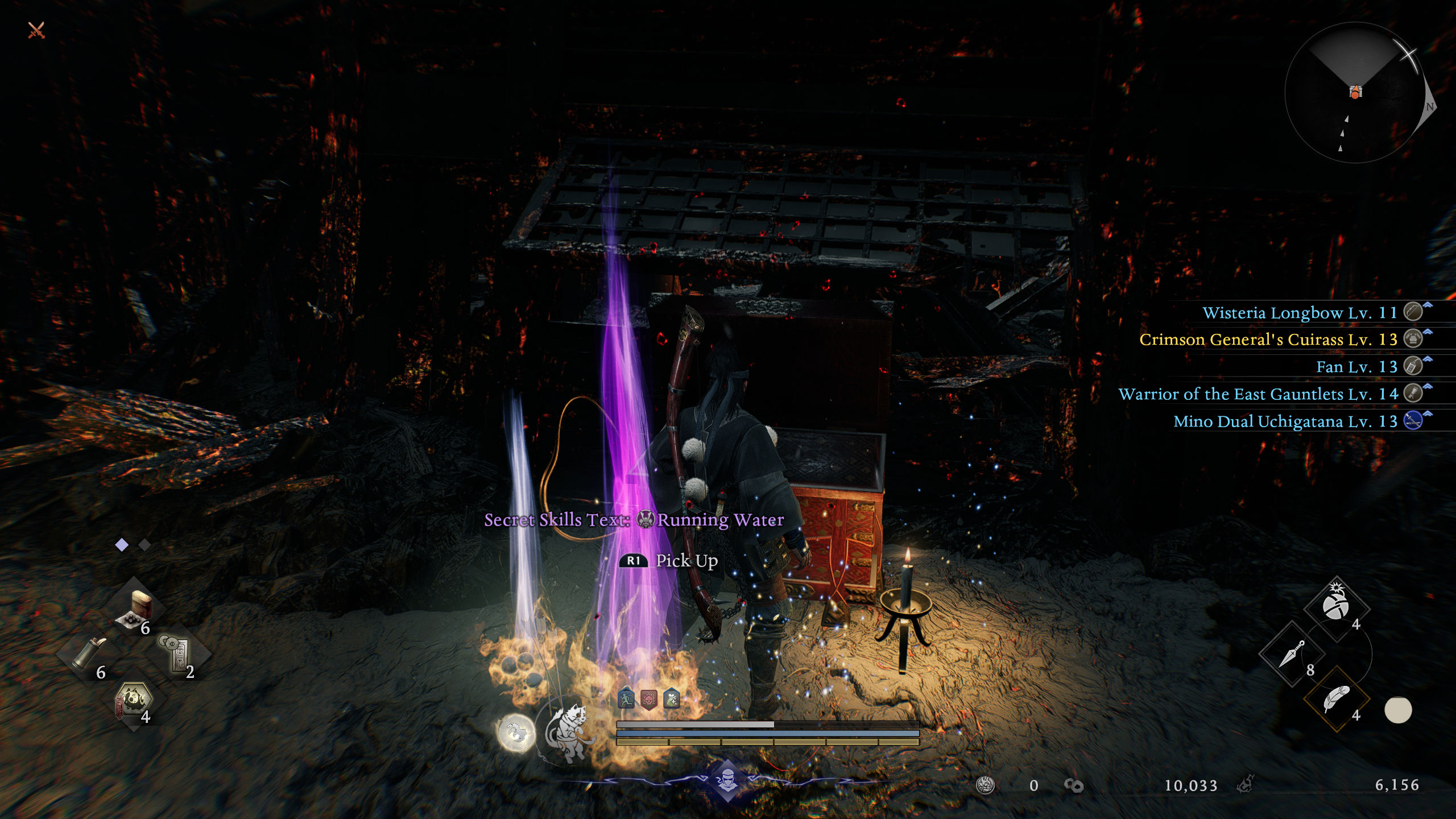 Nioh 3: A player stood next to a large red chest in a dark area by a burned house, inspecting the Running Water skill book on the ground.