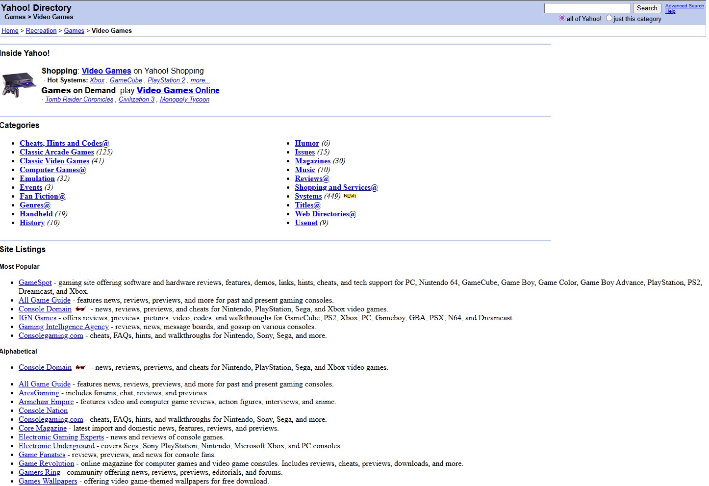 Yahoo's games directory circa 2002
