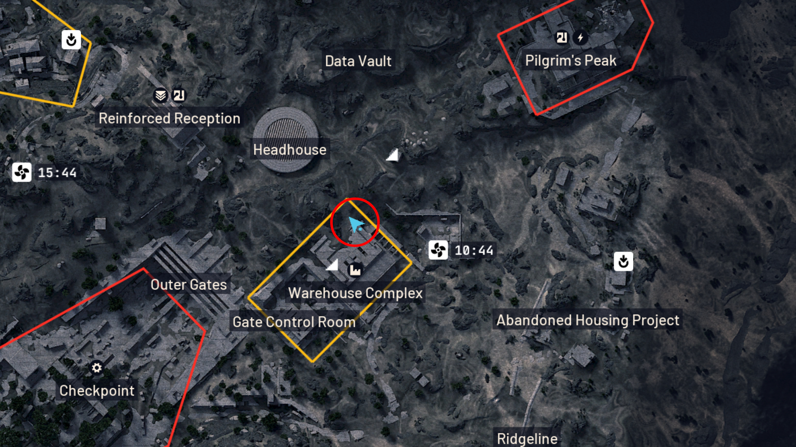 Arc Raiders Clamoring for Attention: A map with a red circle highlighting the location of the Warehouse Complex siren.