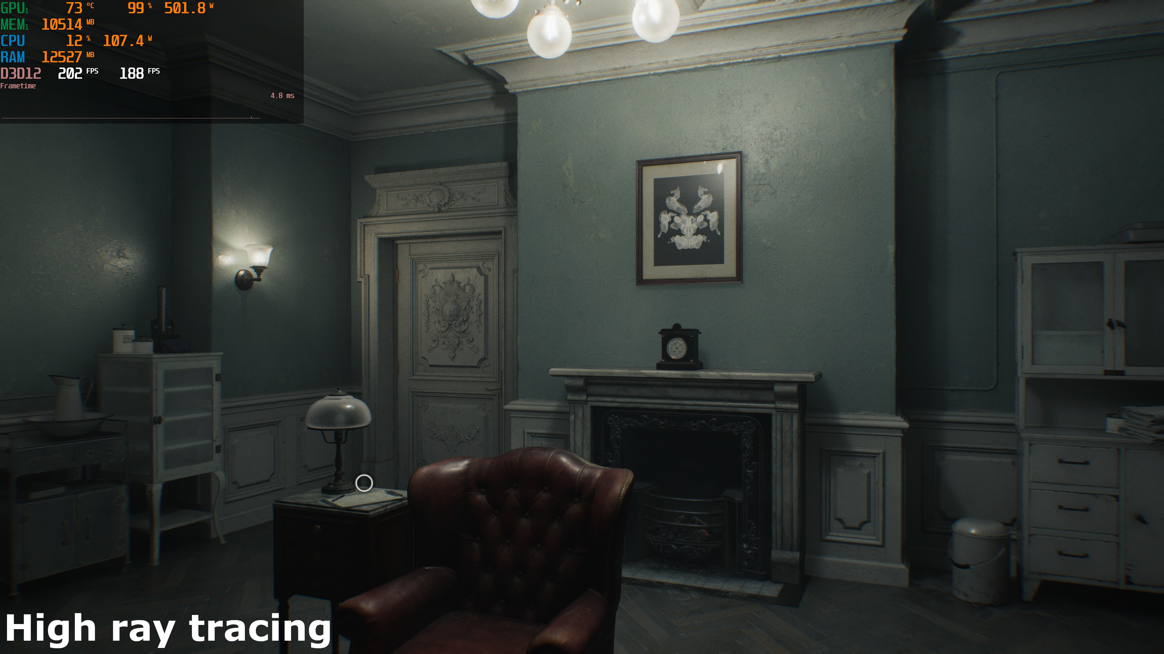A screenshot of the PC version of Capcom's Resident Evil Requiem, showing the impact of the use of ray/path tracing on lighting and shadowing