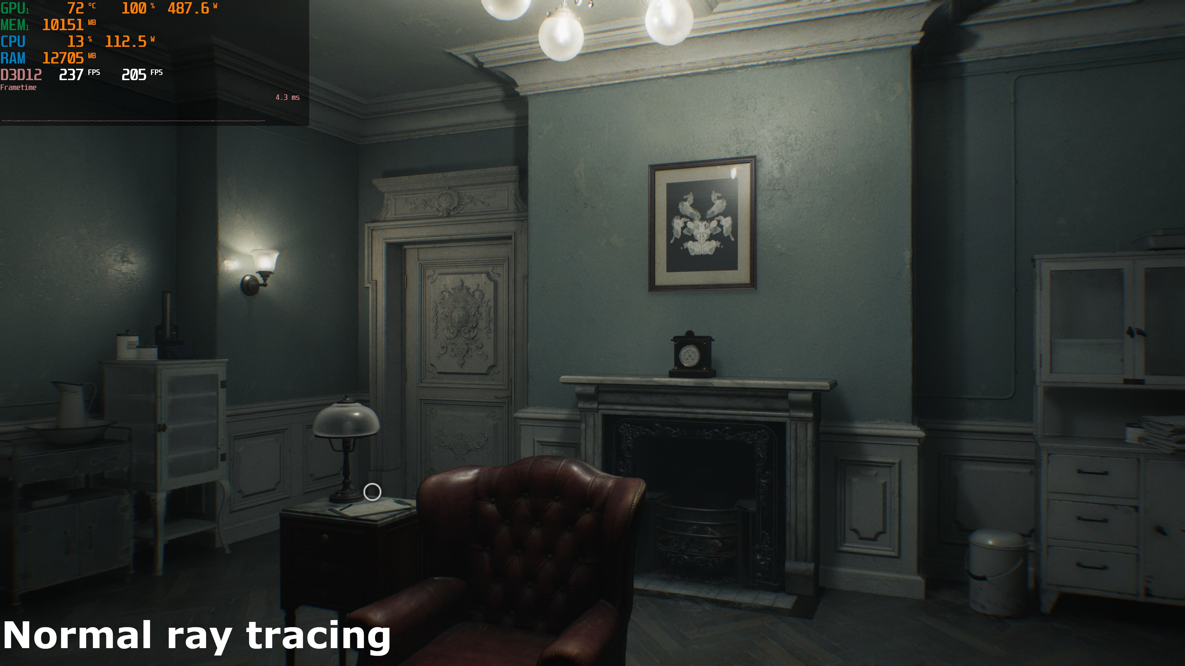 A screenshot of the PC version of Capcom's Resident Evil Requiem, showing the impact of the use of ray/path tracing on lighting and shadowing