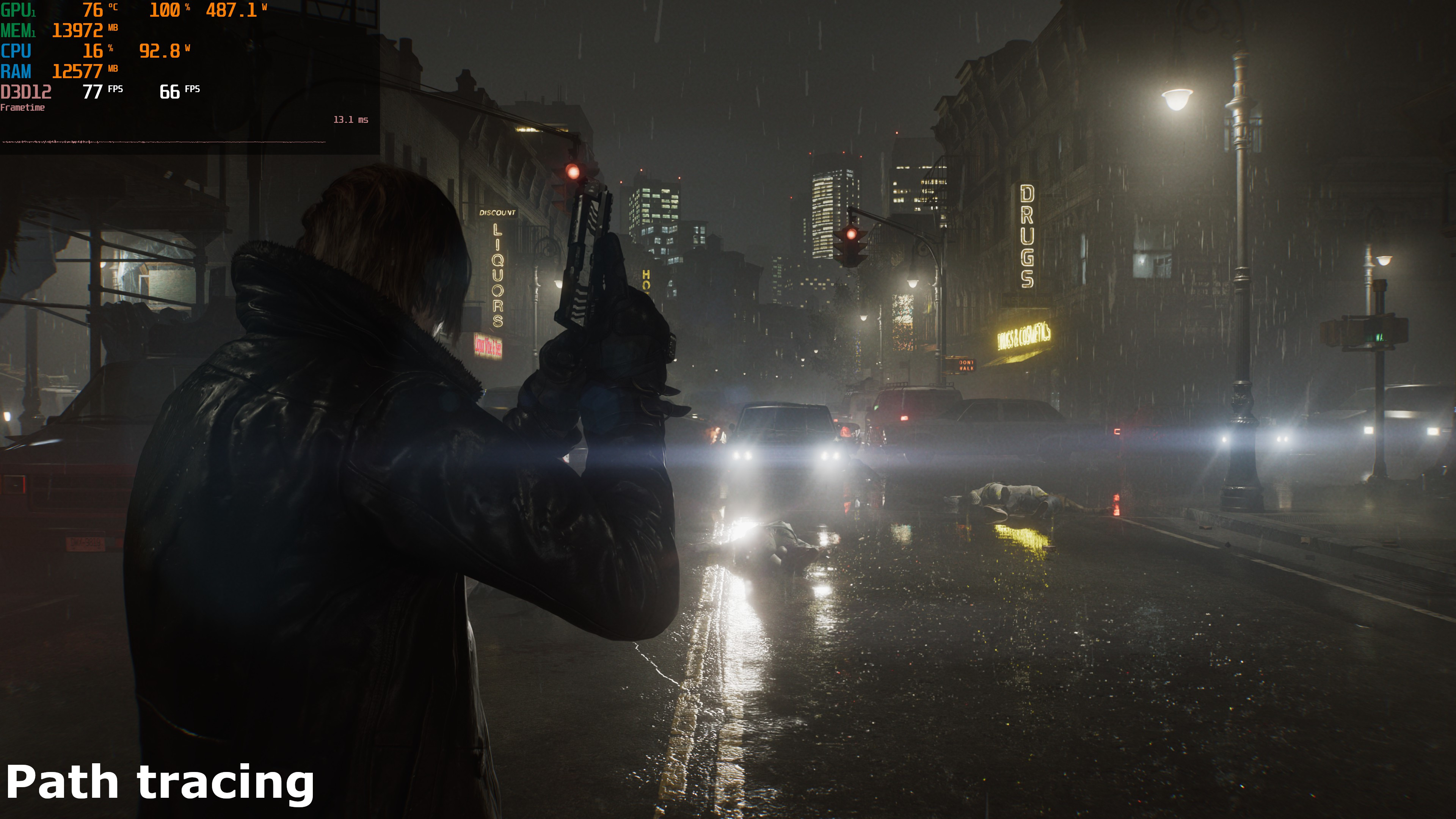 A screenshot of the PC version of Capcom's Resident Evil Requiem, showing the impact of the use of ray/path tracing on lighting and shadowing