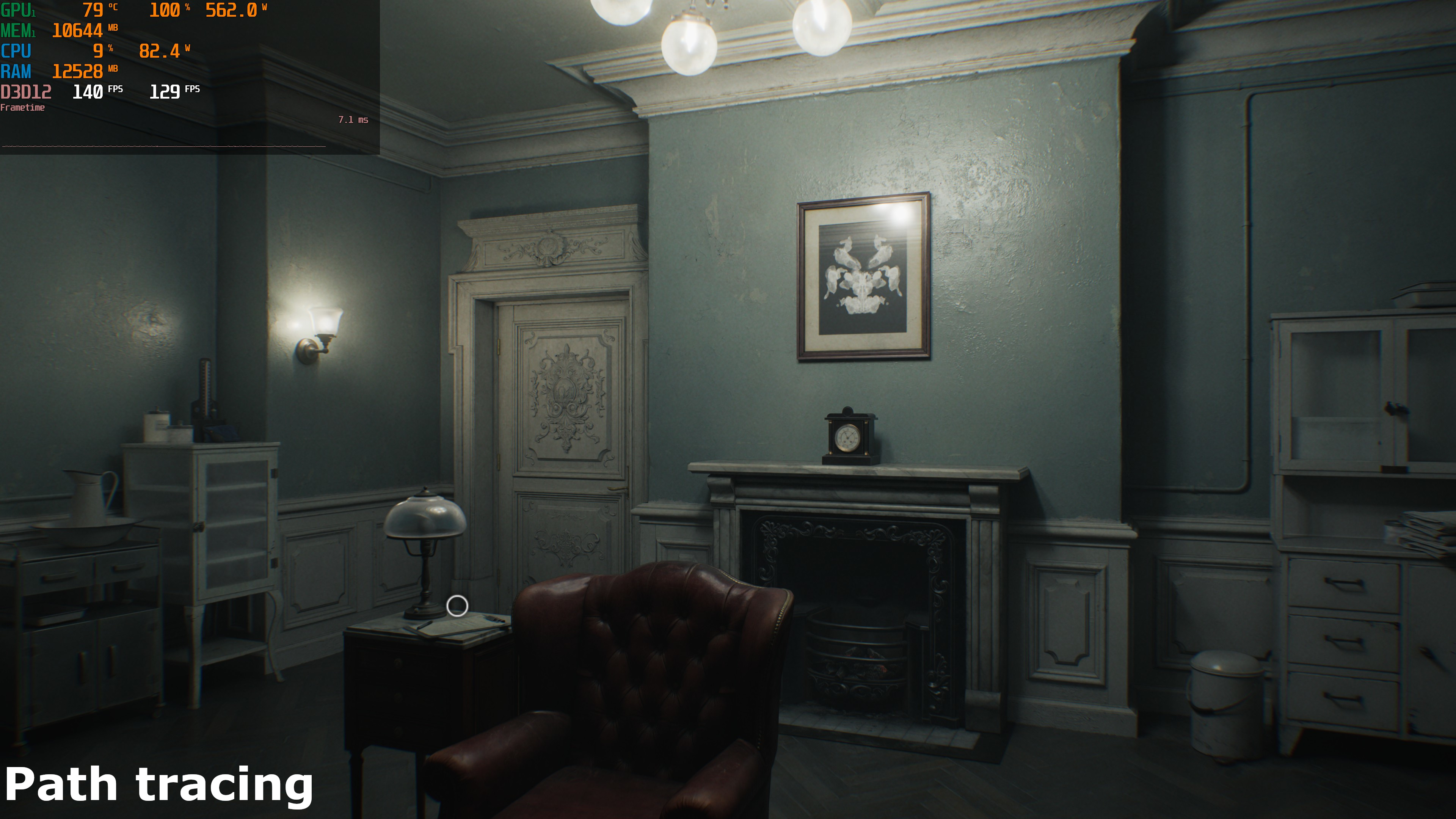 A screenshot of the PC version of Capcom's Resident Evil Requiem, showing the impact of the use of ray/path tracing on lighting and shadowing