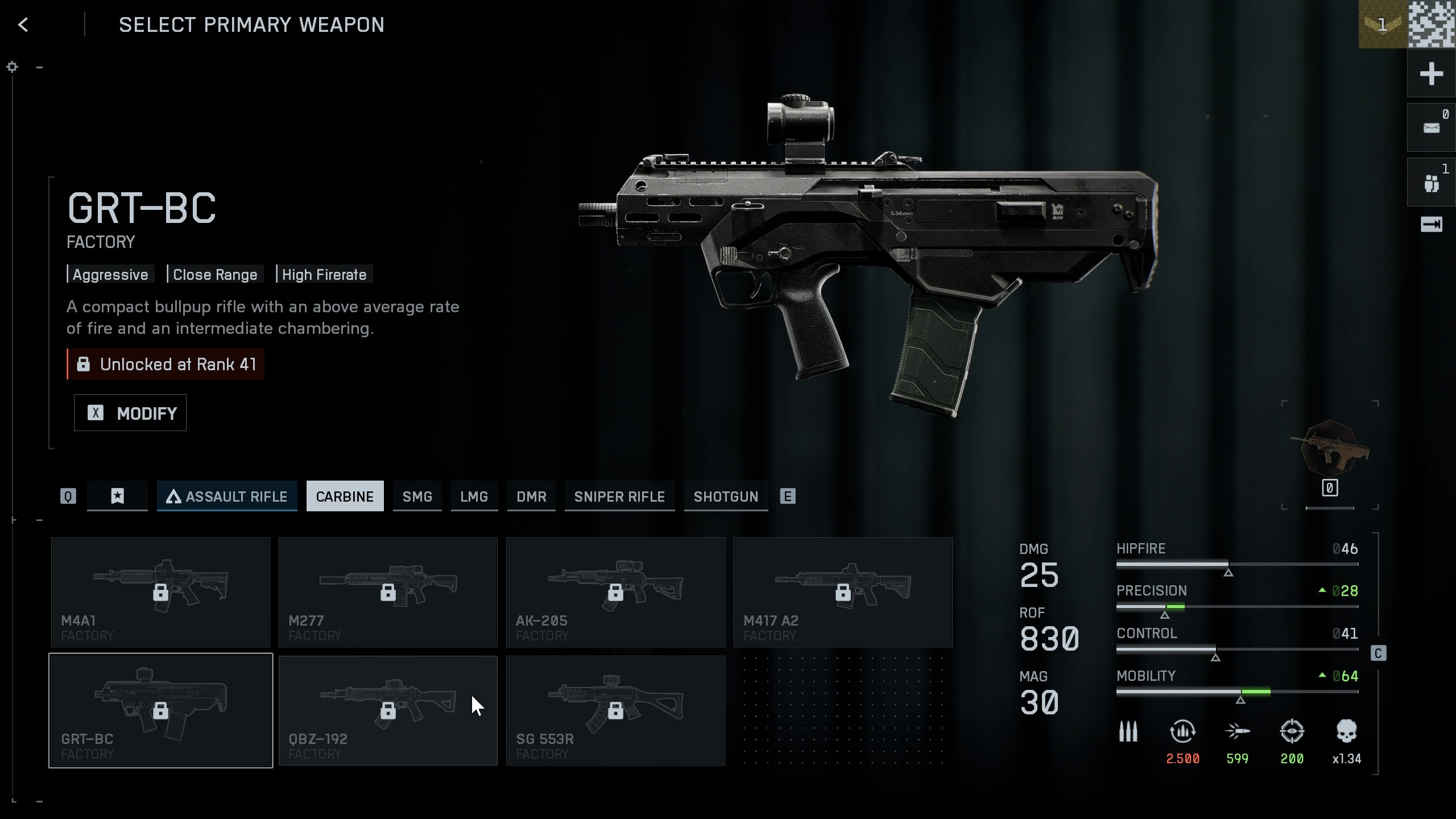 Battlefield 6 max level cap: The primary weapon selection screen showing the GRT-BC carbine and other weapons you can unlock.