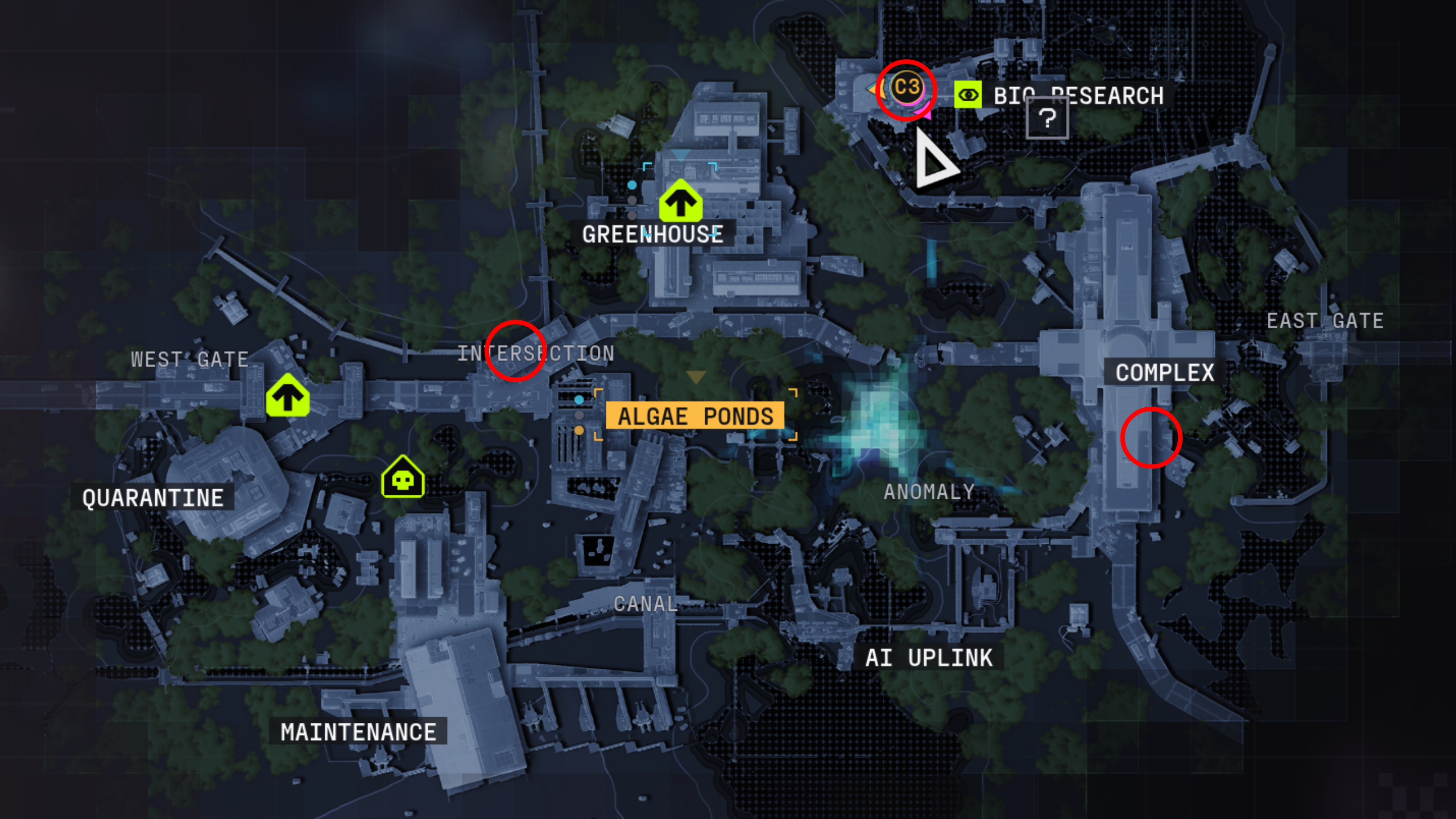 Marathon Introducing Traxus: A map of Dire Marsh with three red circles showing the locations of the terminals you need to scan.