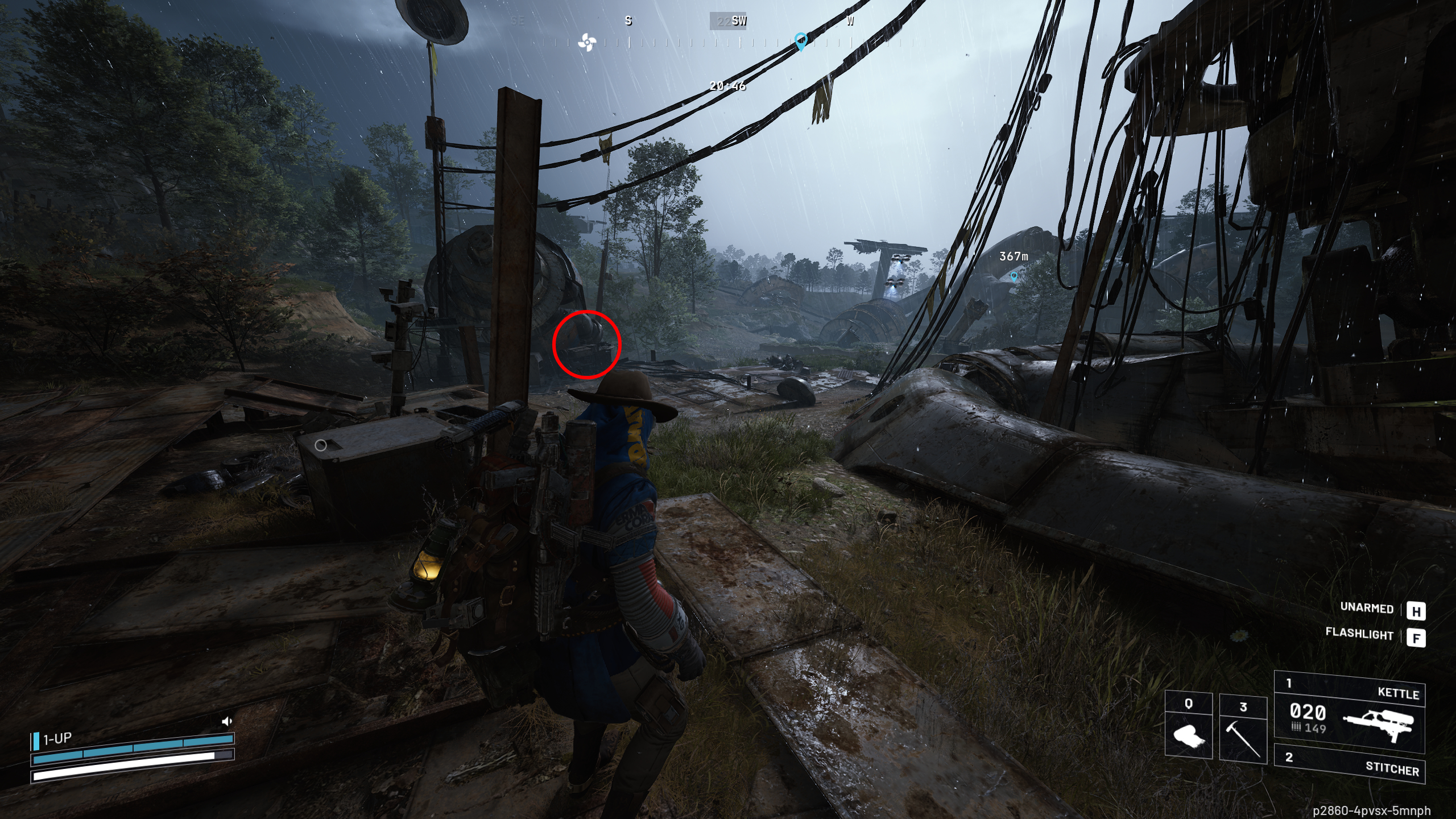 Arc Raiders With a Trace: A player stood at the base of Adorned Wreckage looking at a computer next to scrap, which is highlighted with a red circle.