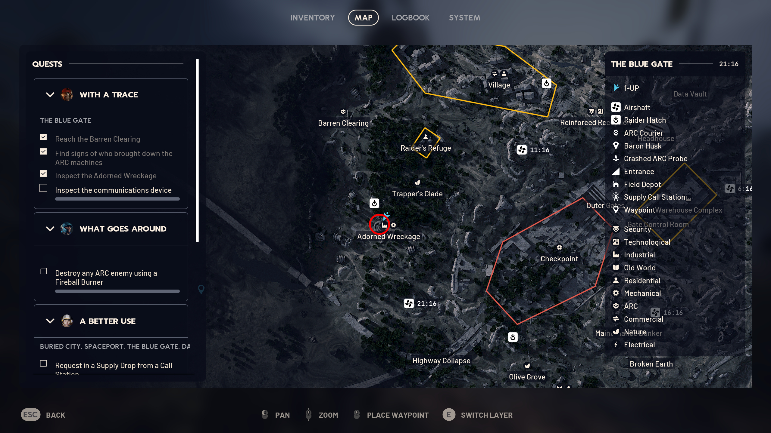 Arc Raiders With a Trace: A map with a red circle showing the location of the communications device in Adorned Wreckage.