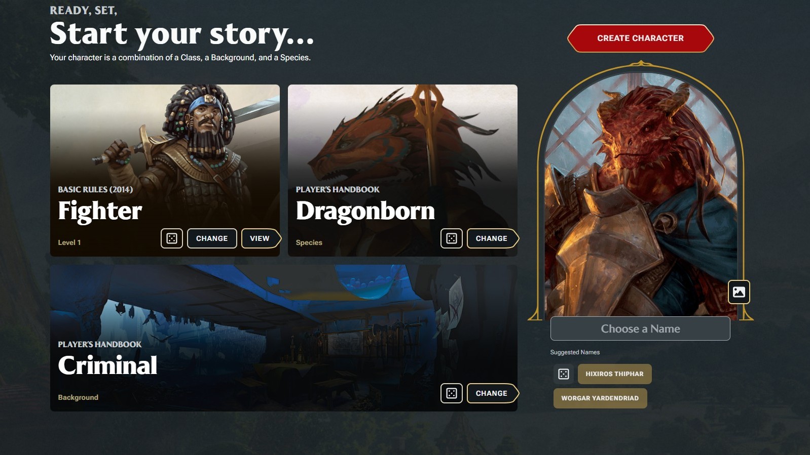 Creating a character in the Quickbuilder in D&D Beyond.