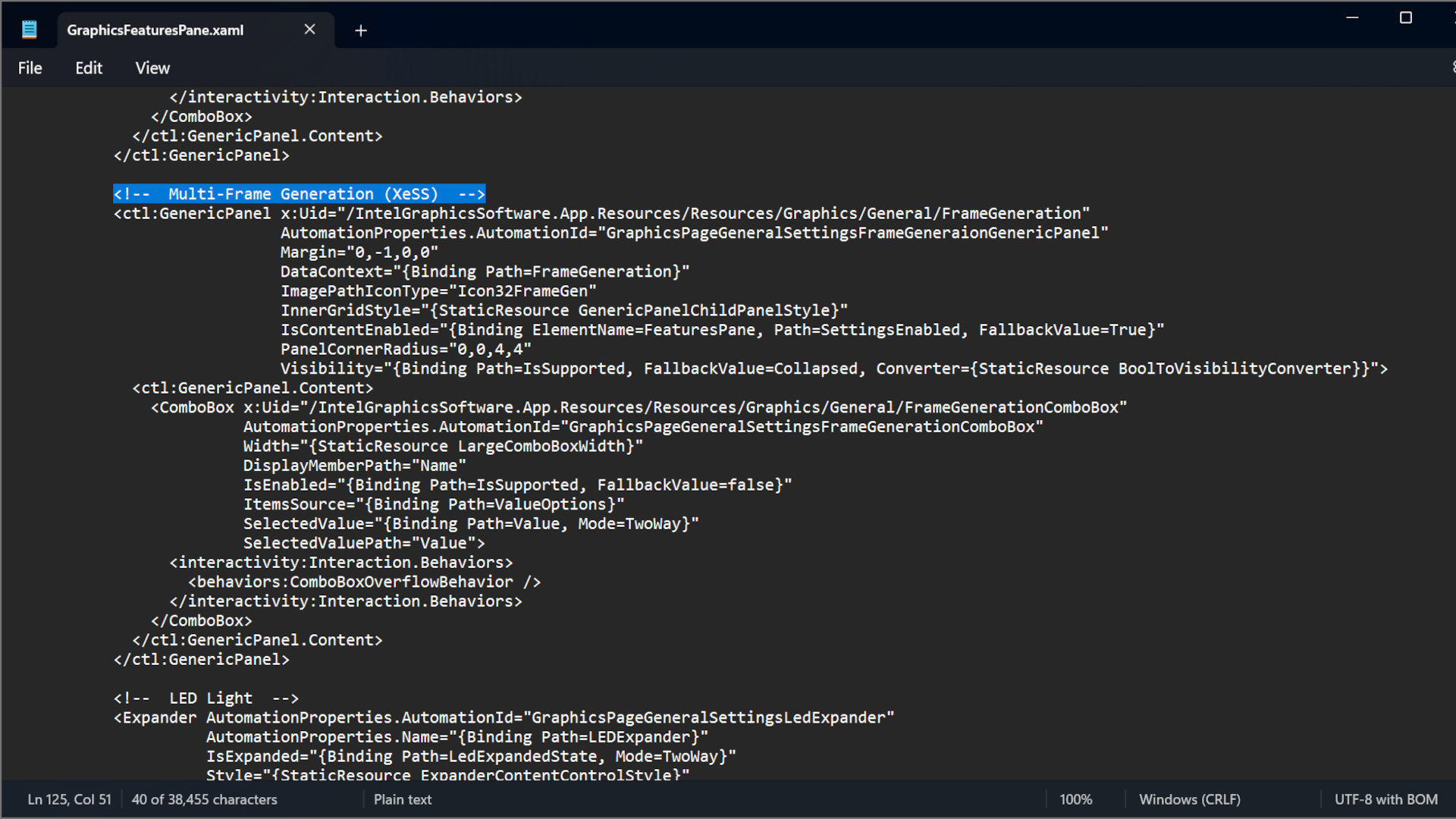 A screenshot of a configuration file for Intel's Graphics Software app, highlighting a section marked 'Multi Frame Generation'