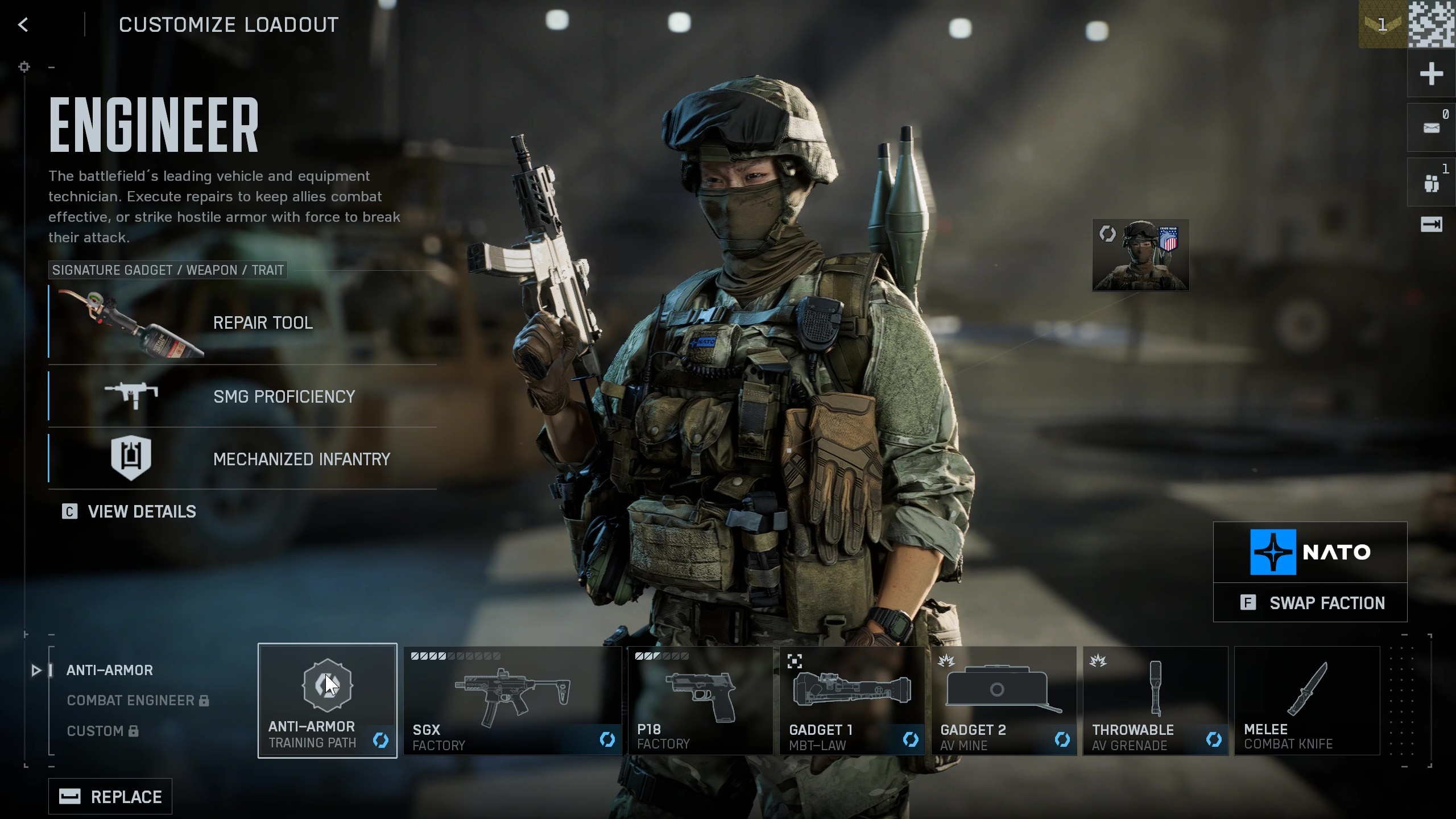 Battlefield 6 classes: The Engineer class in the loadout overview screen.