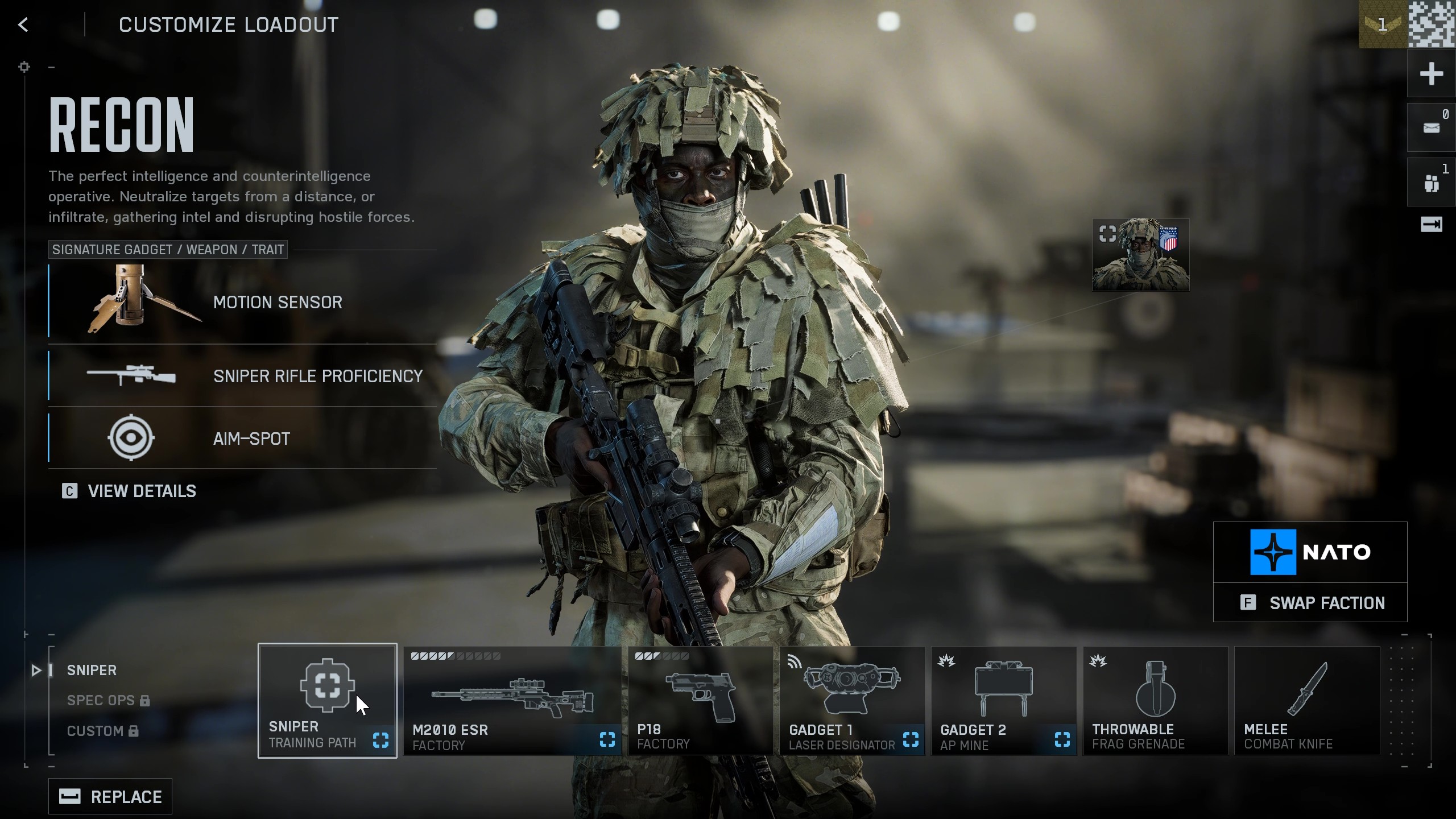 Battlefield 6 classes: The Recon class in the loadout overview screen.
