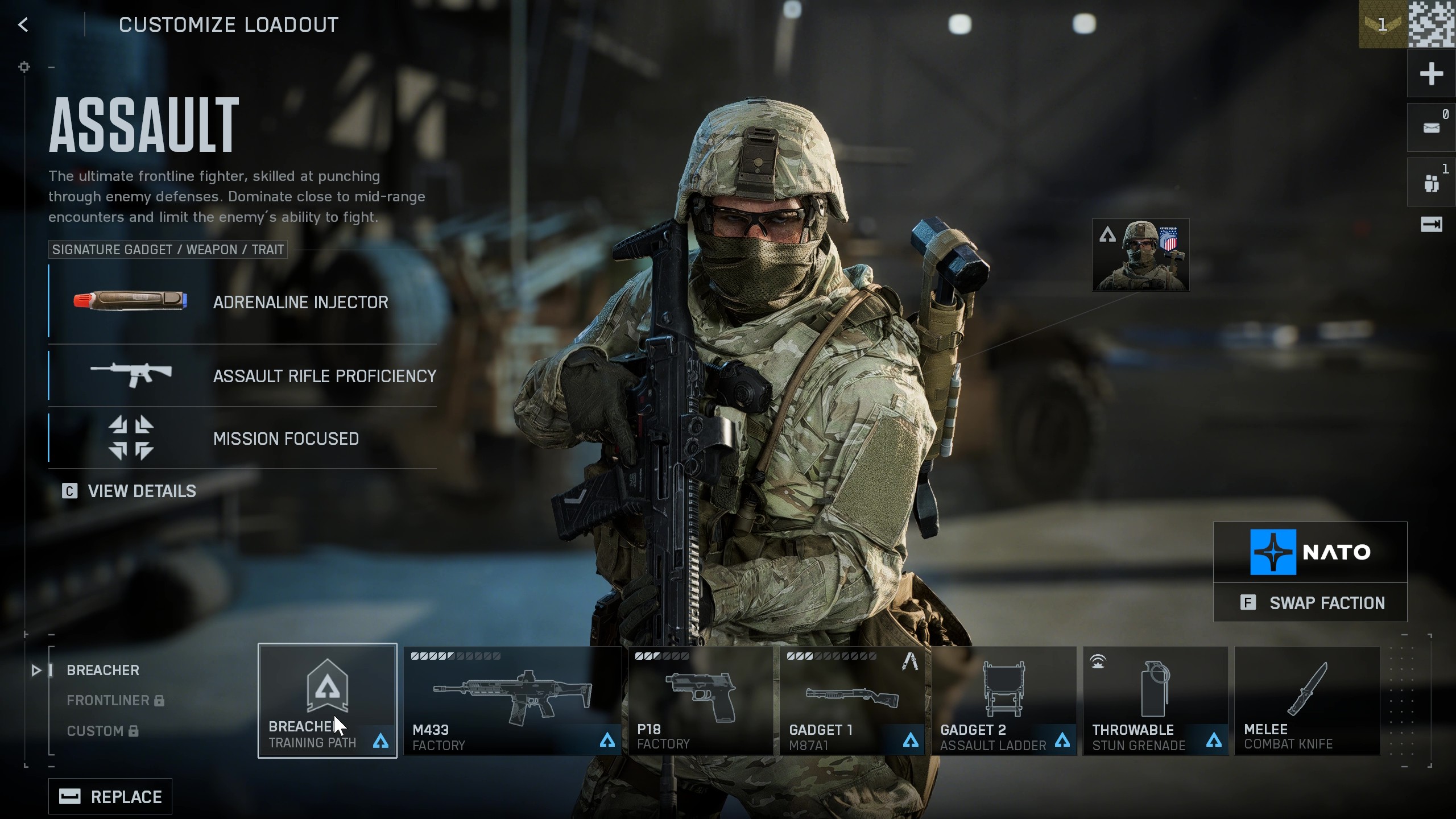 Battlefield 6 classes: The Assault class in the loadout overview screen.