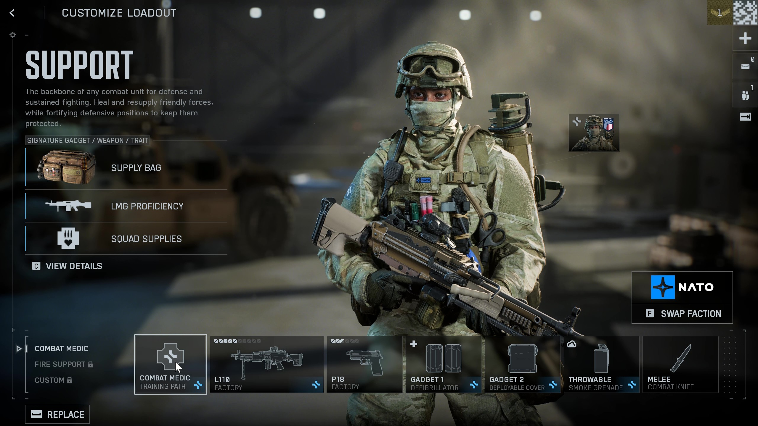 Battlefield 6 classes: The Support class in the loadout overview screen.