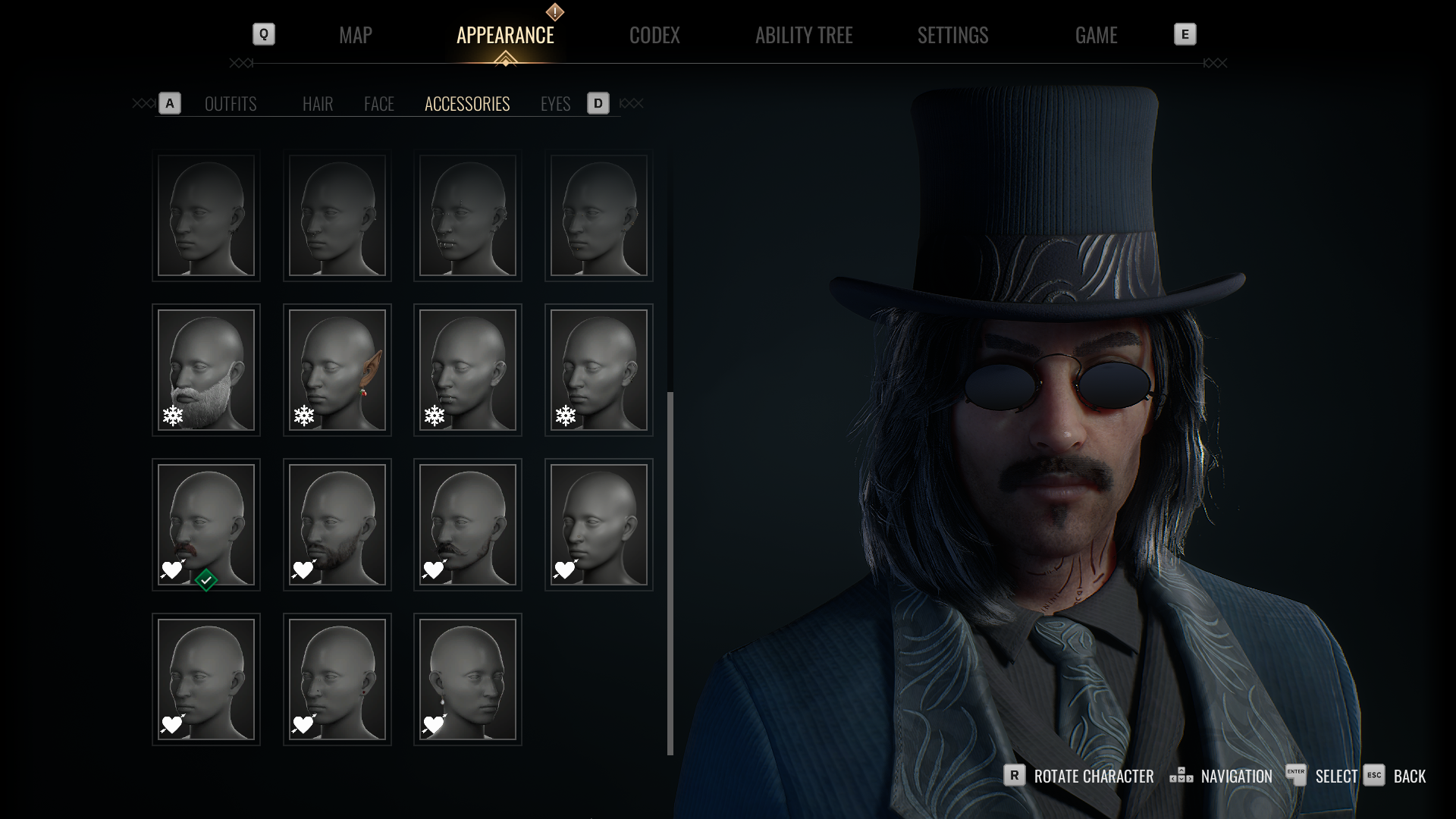 An image of male Phyre wearing a top hat with a moustache and soul patch.