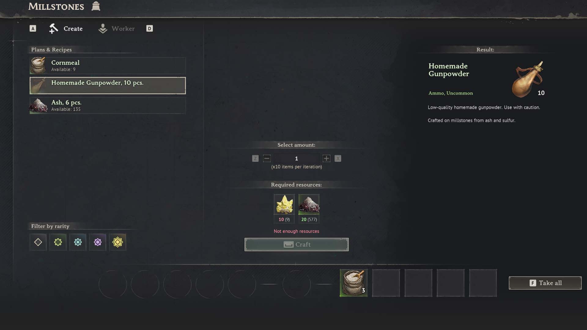 The Millstone crafting menu in Windrose showing the recipe for gunpowder, 10 sulfur and 20 ash