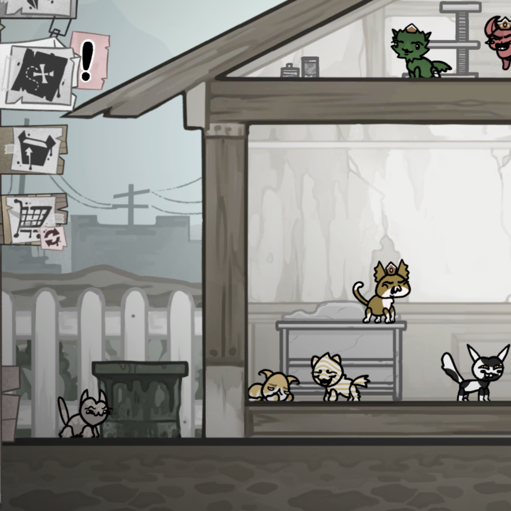 Mewgenics breeding tips: A stray outside the player's house.