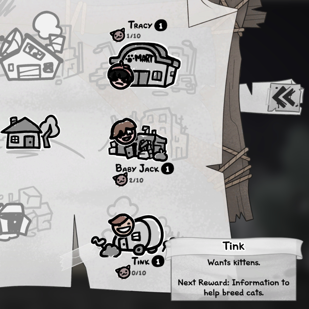 Mewgenics breeding guide: A zoomed-in screenshot of the map, showing Tink's upgrades.