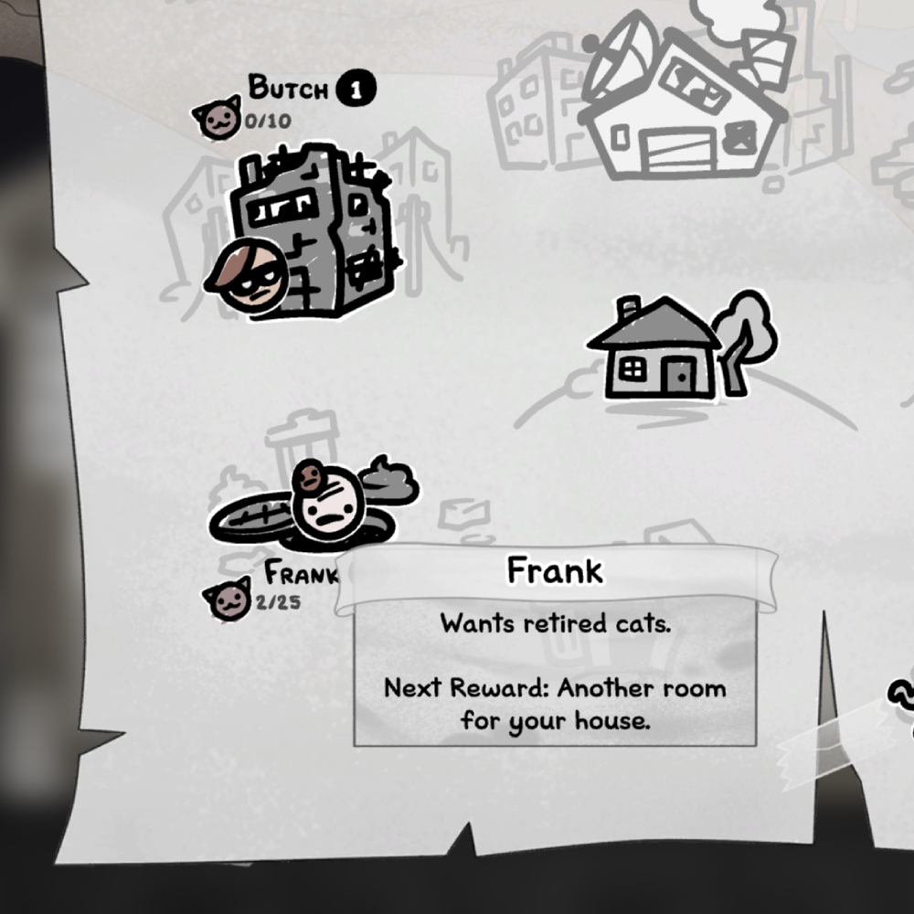 Mewgenics breeding guide: A zoomed-in screenshot of the map, showing Frank's upgrades.