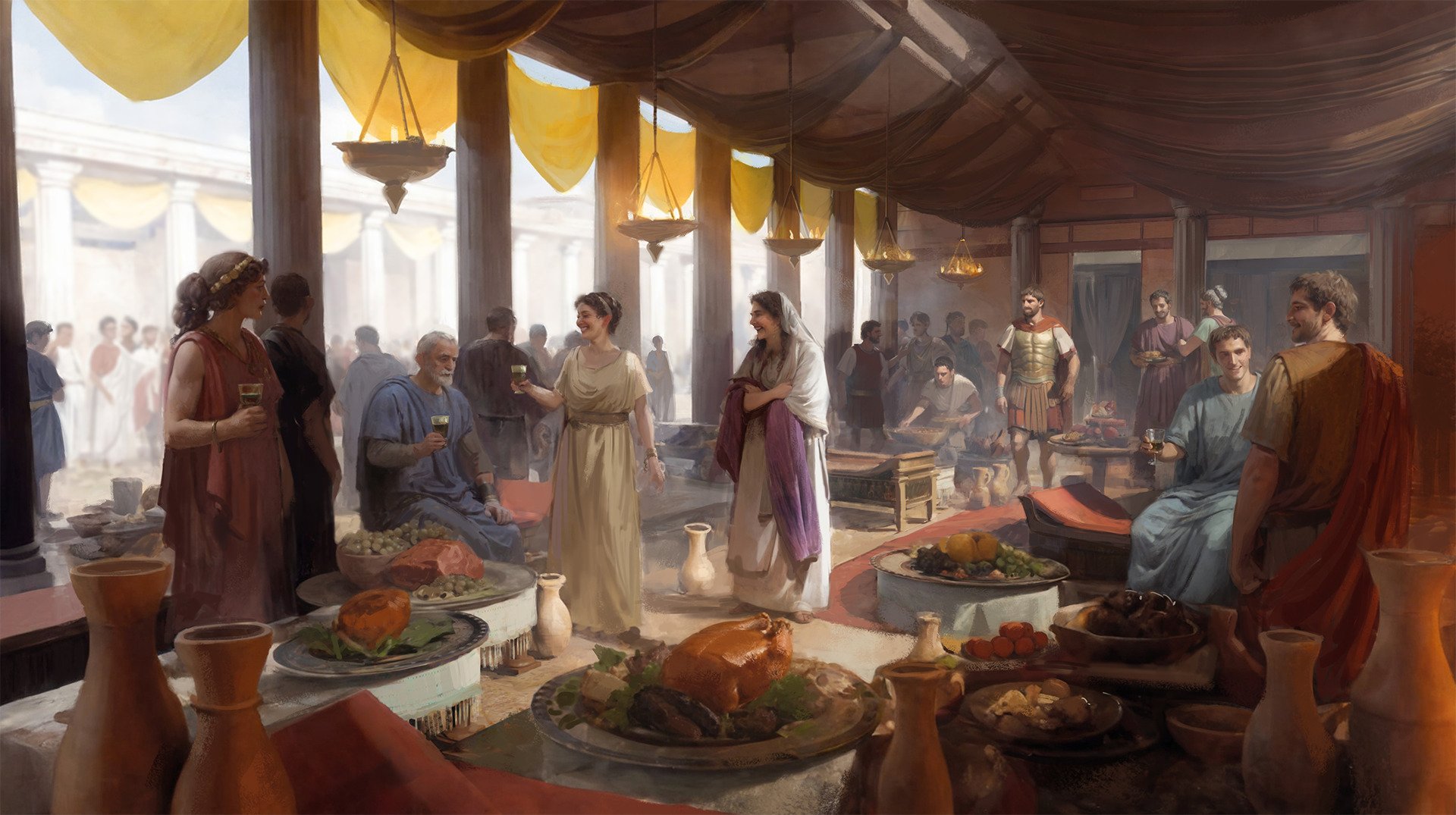 The updated illustration of a Roman banquet, featuring slightly more detailed background characters than the original.