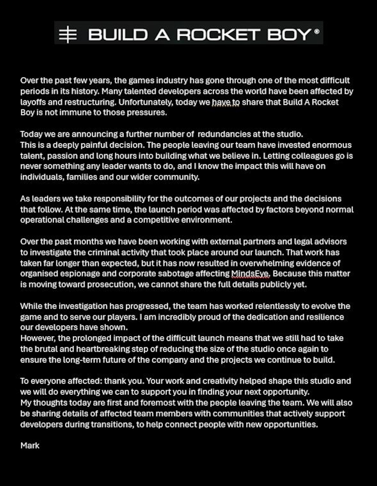 Build a Rocket Boy layoff notice