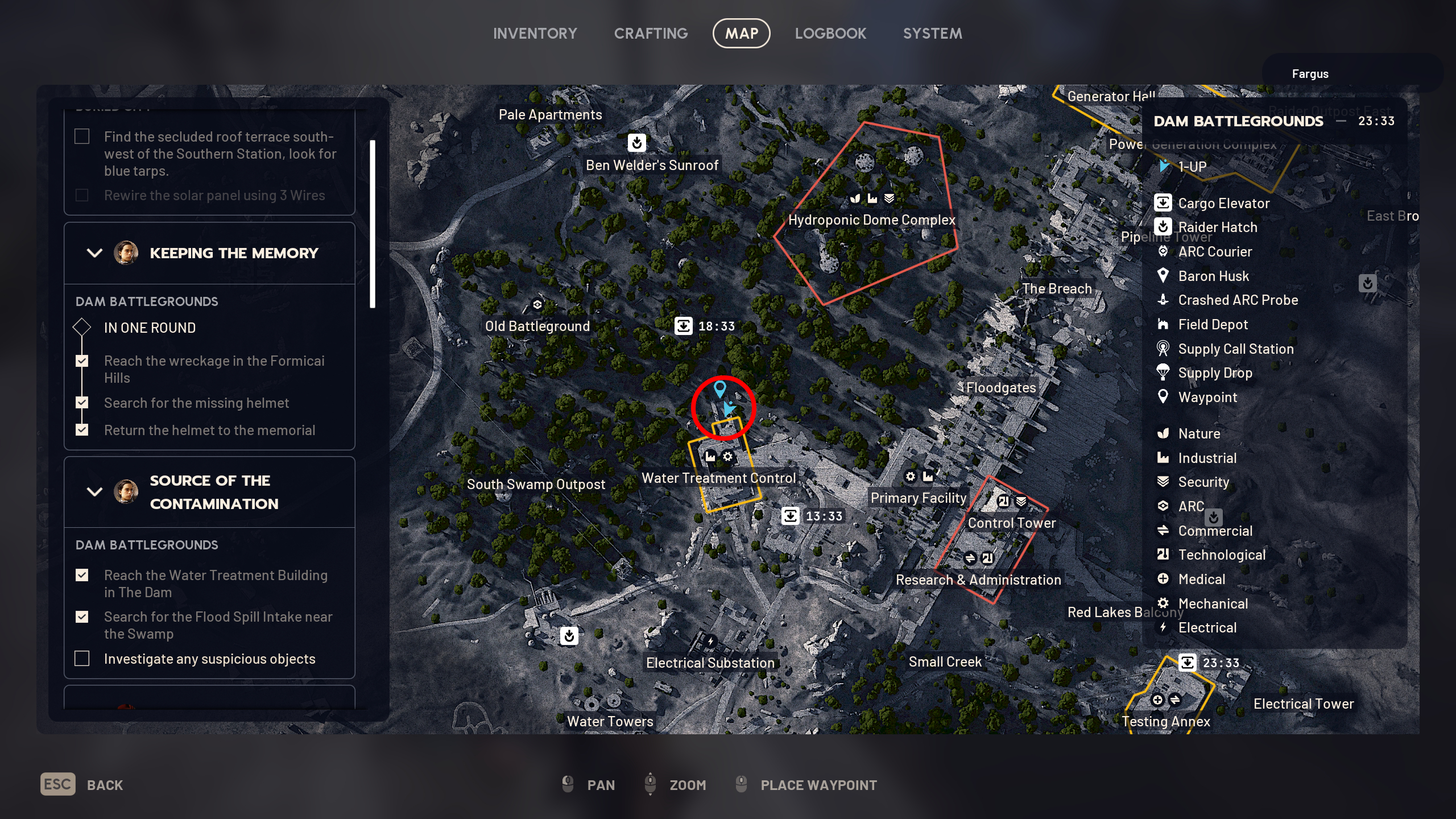 Arc Raiders Source of the Contamination: A map with a red circle showing the location of the flood spill intake at Water Treatment Control on Dam Battlegrounds.