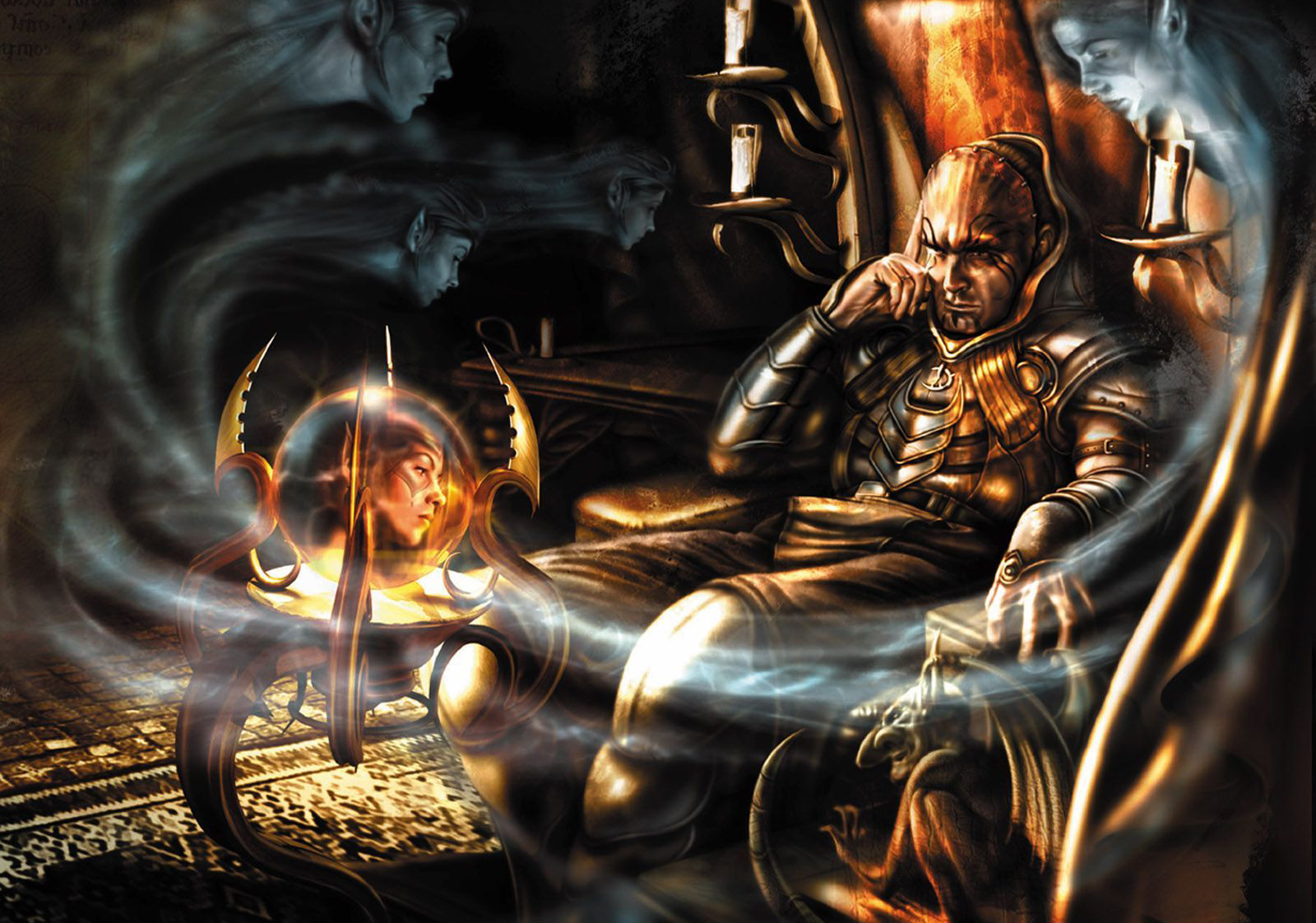 Baldur's Gate II bad guy Jon Irenicus sitting in a throne