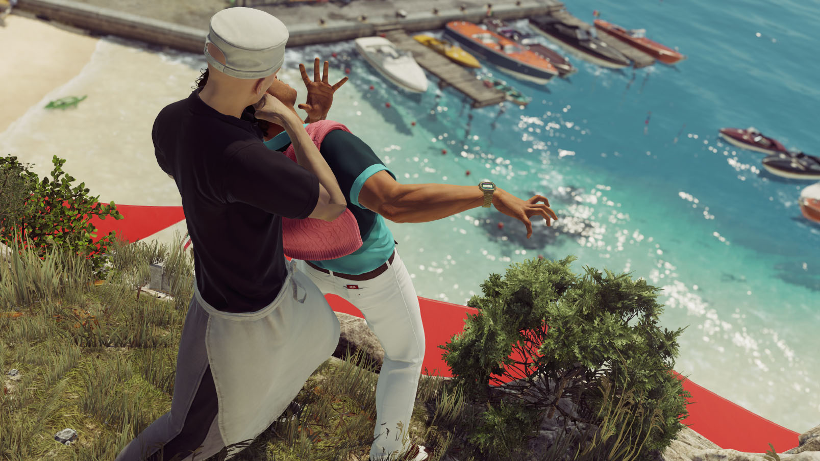 Agent 47 prepares to throw some goof off a cliff.
