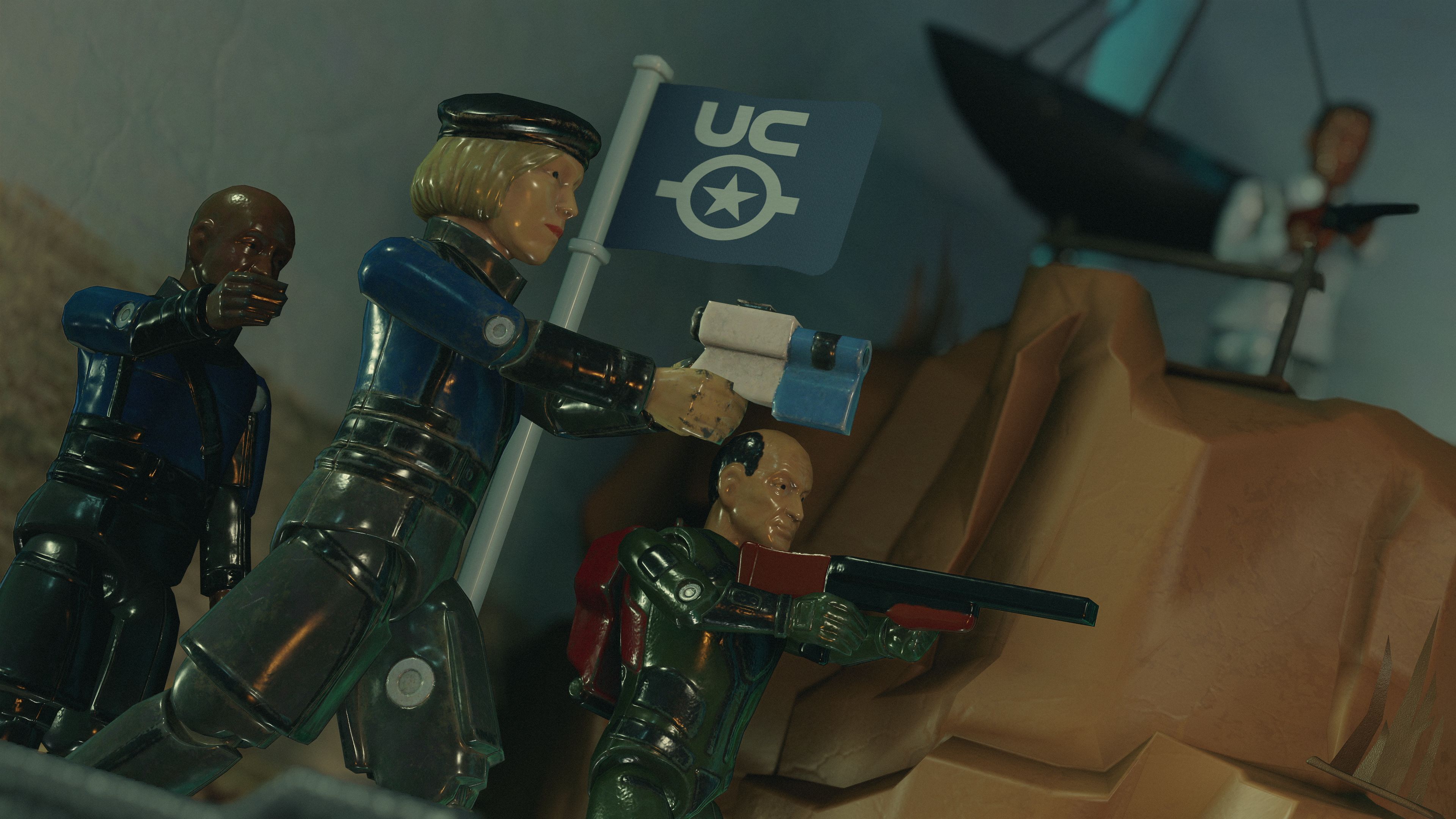 A set of action figures on a playset