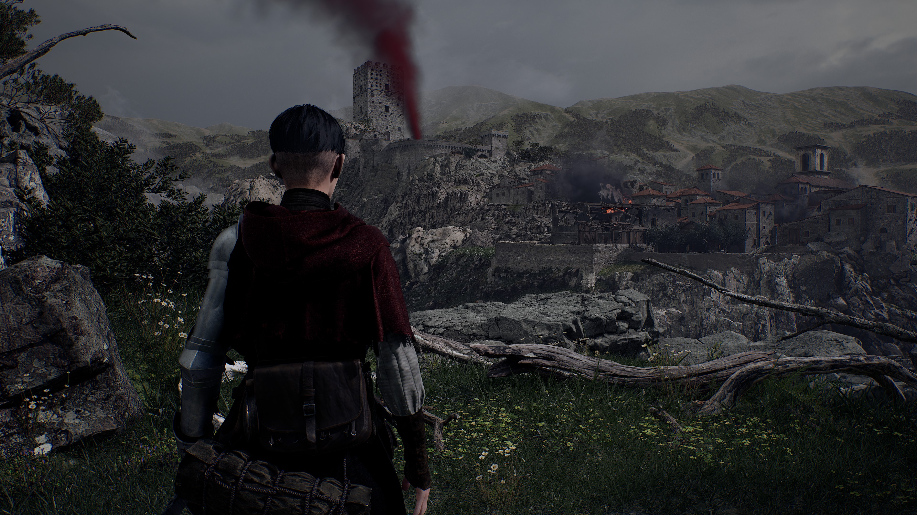 1348 Ex Voto screenshot showing Aeta looking over the burning ruins of a town.