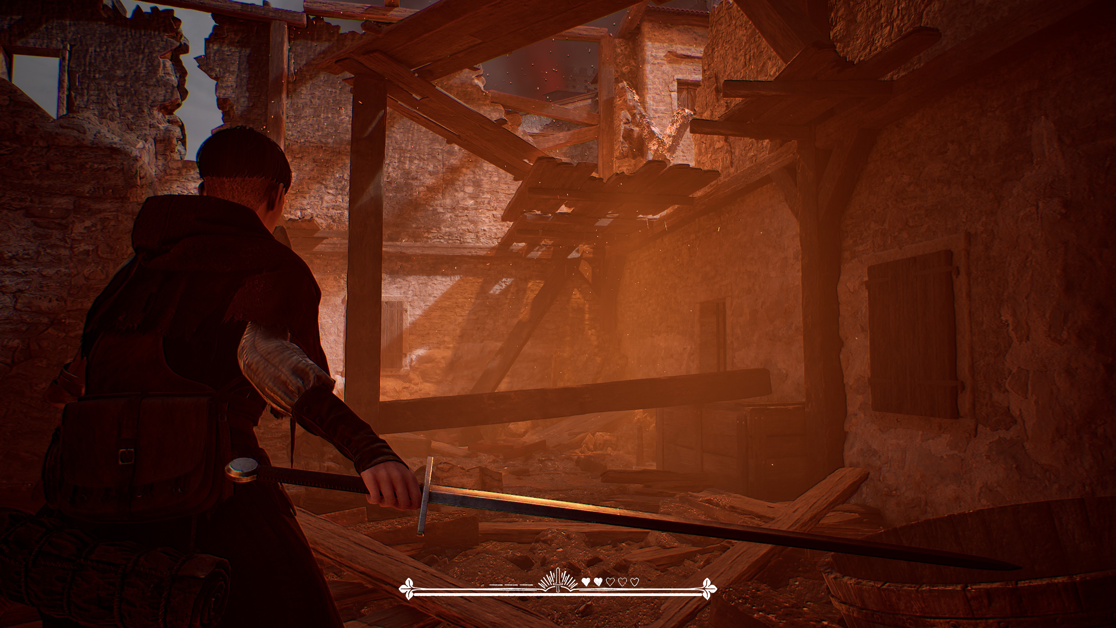 1348 Ex Voto screenshot showing Aeta walking through a burning building.