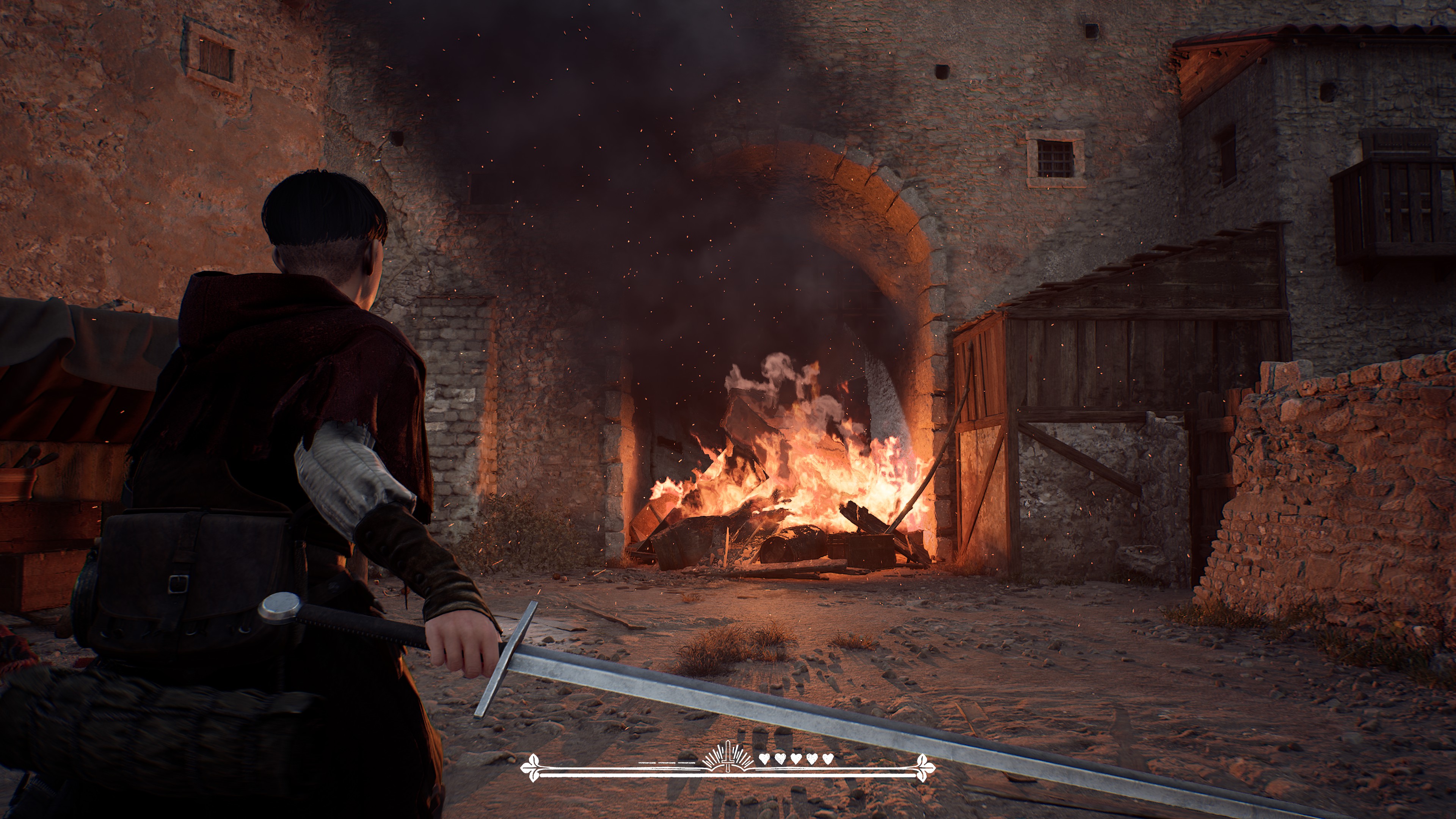 1348 Ex Voto screenshot showing Aeta looking at a burning blockade. Flames and smoke are shown.