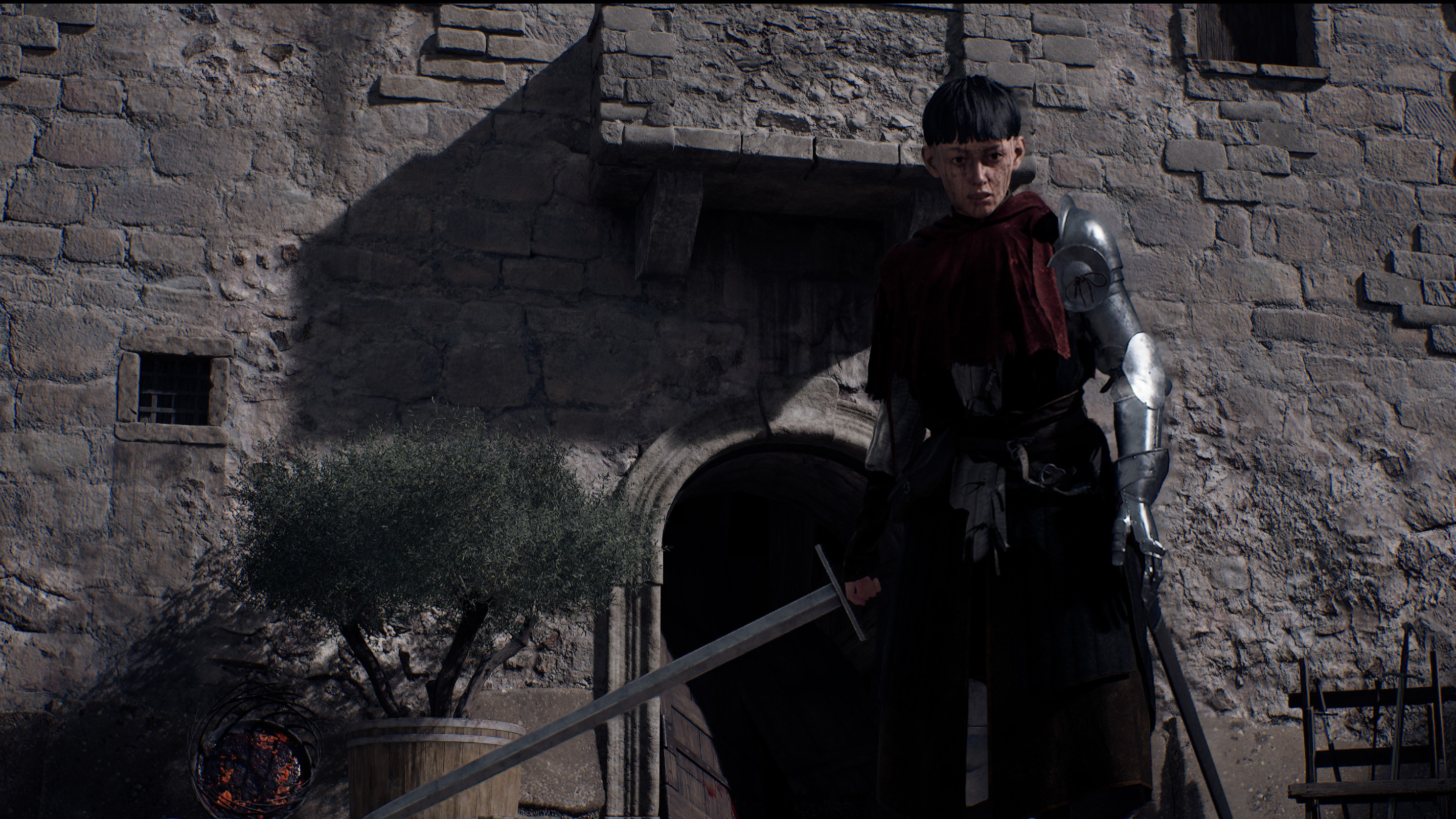 1348 Ex Voto screenshot showing Aeta walking towards a burning pyre with her longsword drawn.