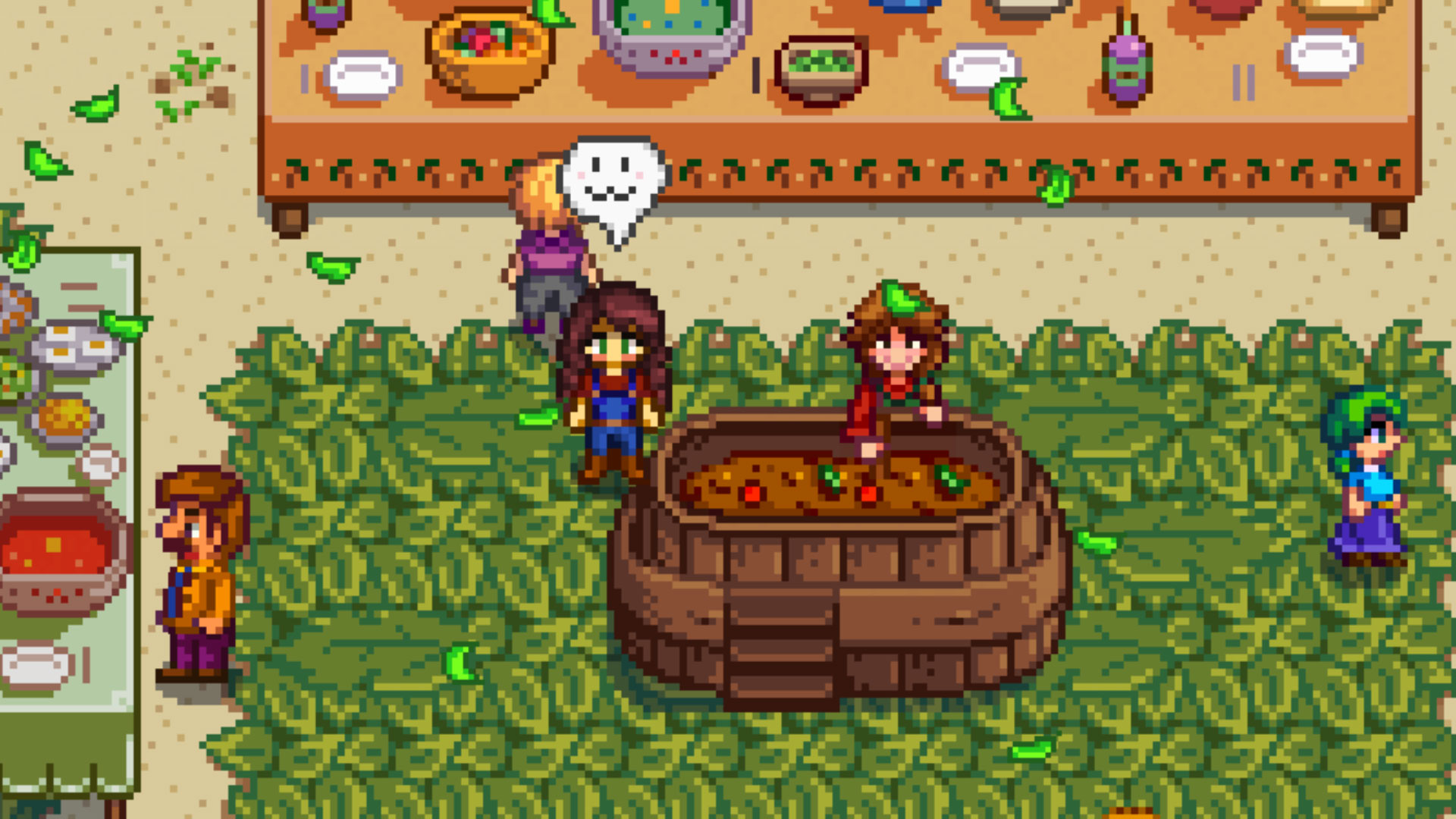 Stardew Valley - The farmer standing beside Marnie while they cook for the Luau